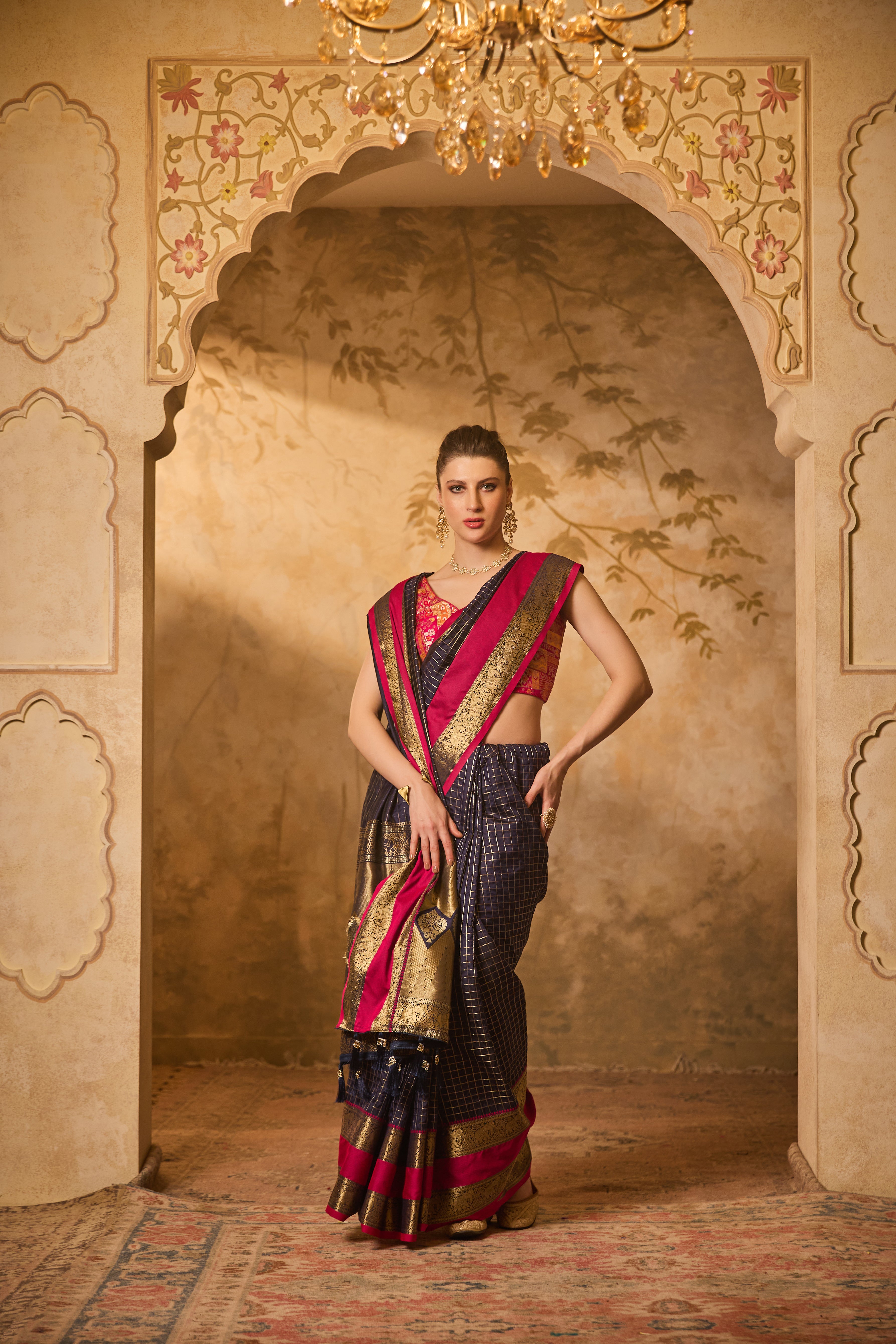 Navy Blue & Rani Pink Banarasi Silk Saree With Zari Check Patterns