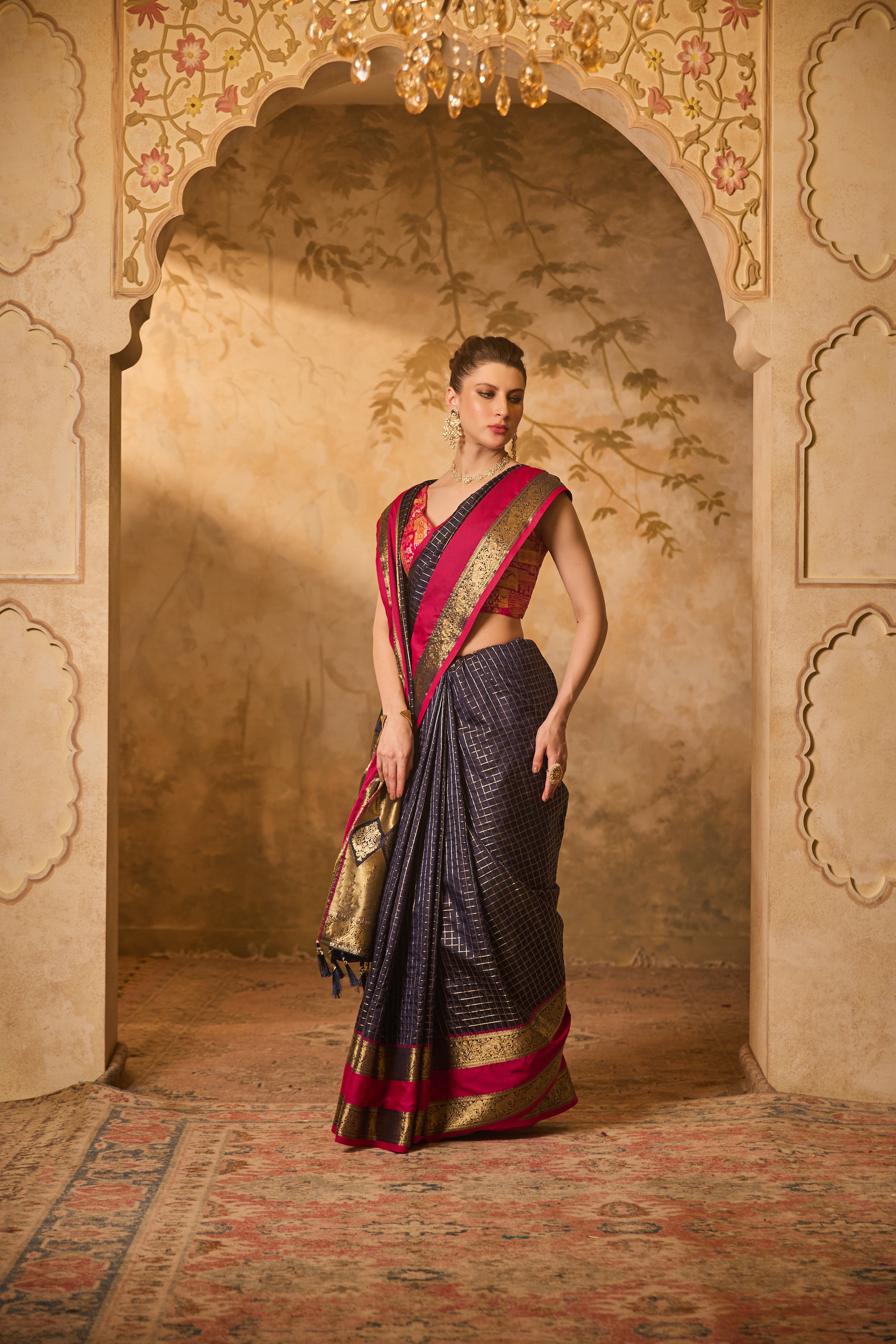 Navy Blue & Rani Pink Banarasi Silk Saree With Zari Check Patterns