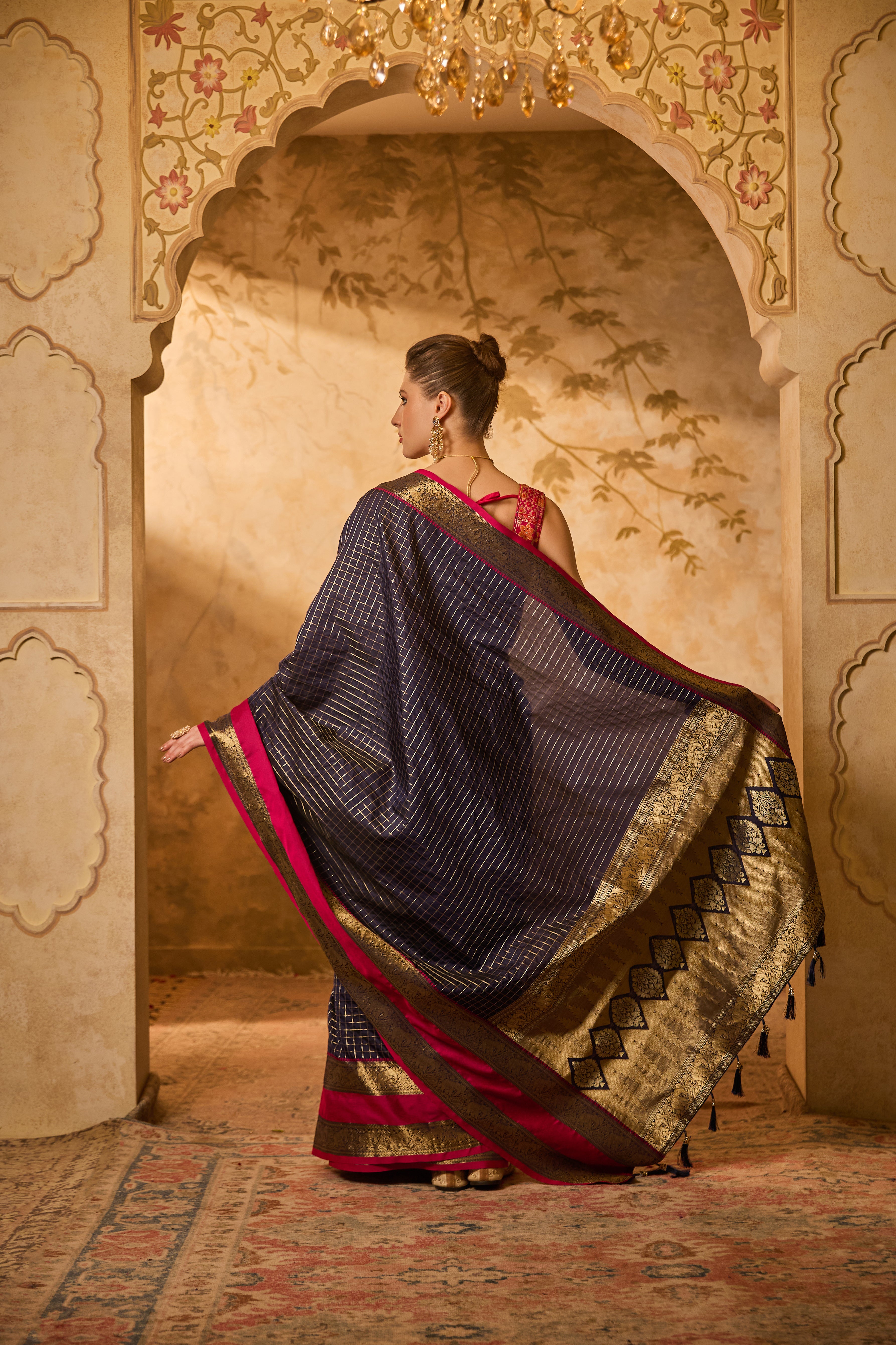 Navy Blue & Rani Pink Banarasi Silk Saree With Zari Check Patterns