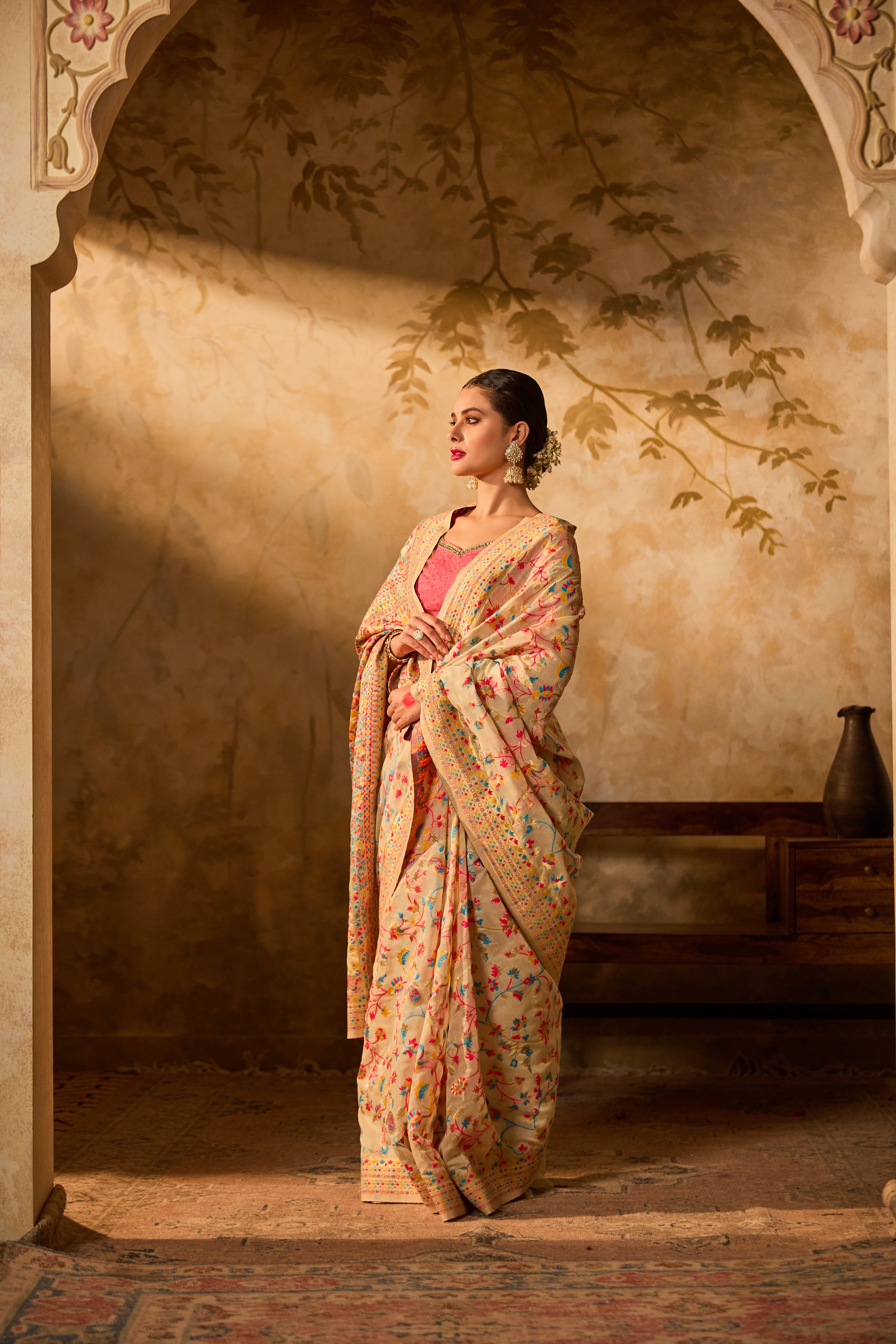 Off White Kashmiri Weaving Silk Saree With Intricate Multicolor Floral Patterns