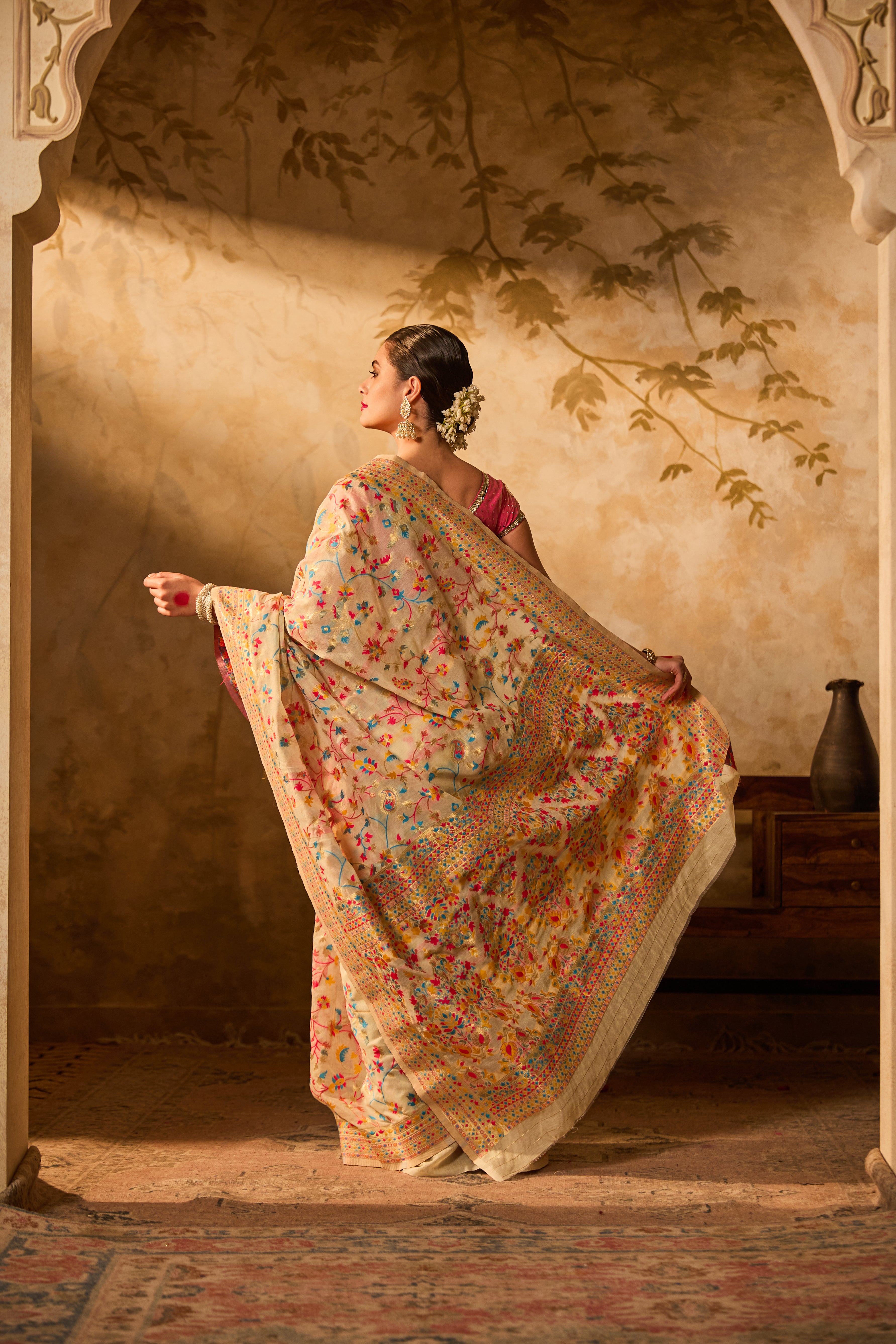 Off White Kashmiri Weaving Silk Saree With Intricate Multicolor Floral Patterns