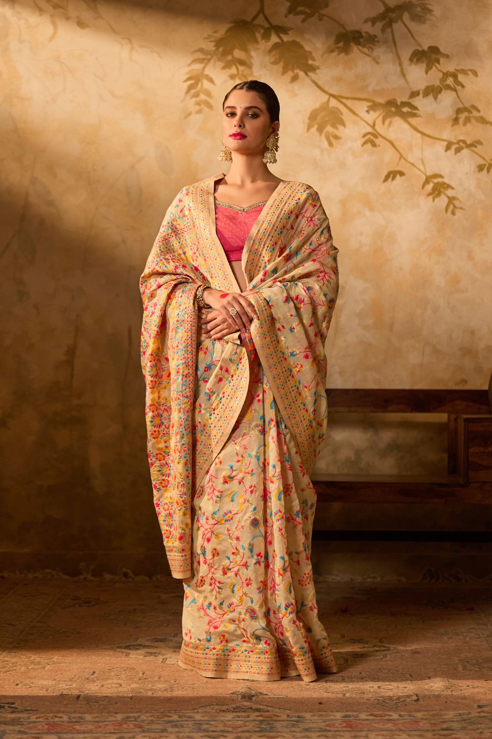 Off White Kashmiri Weaving Silk Saree With Intricate Multicolor Floral Patterns