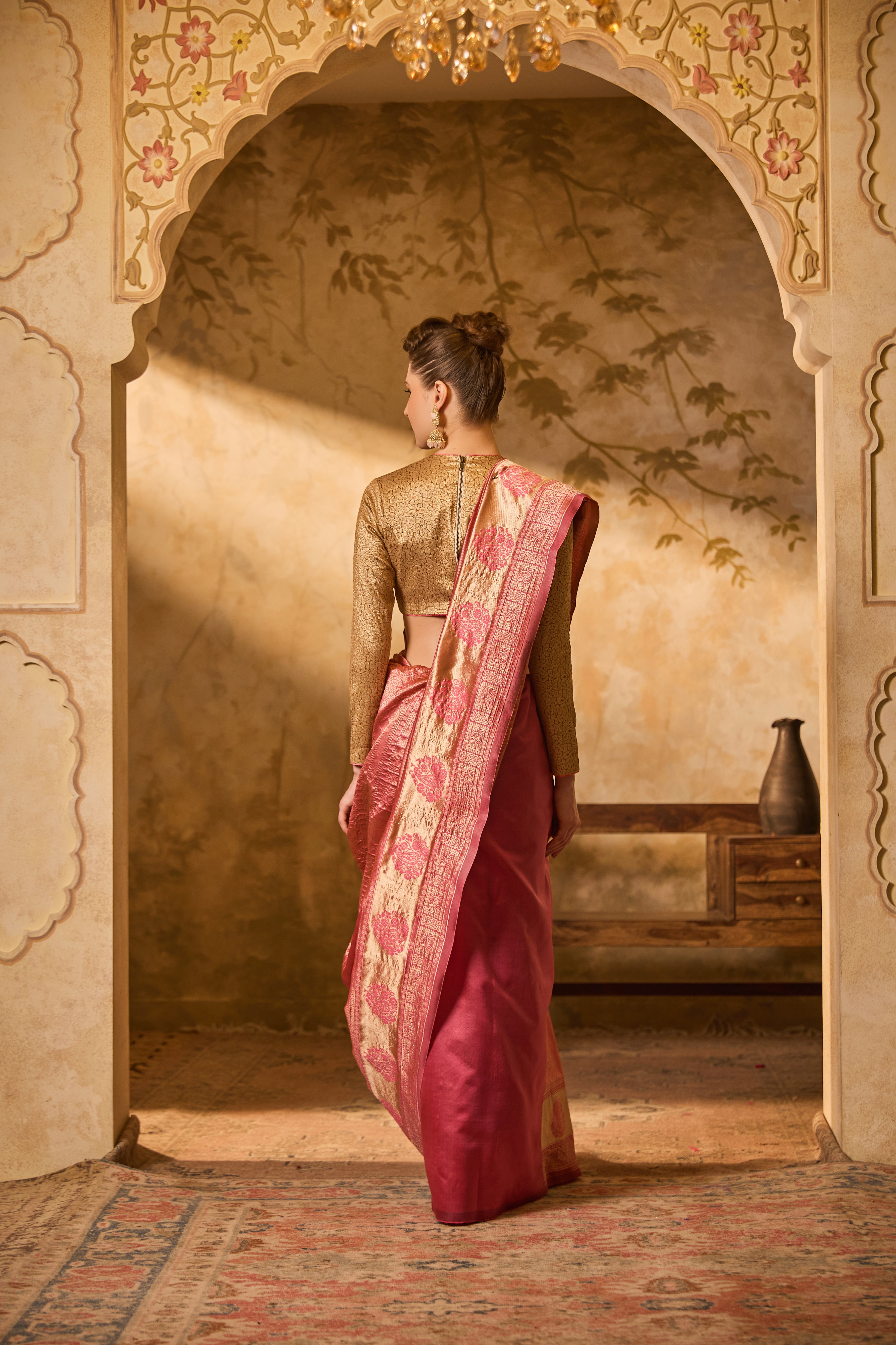 Pink & Gold Banarsi Silk Saree With Intricate Floral Zari Motifs