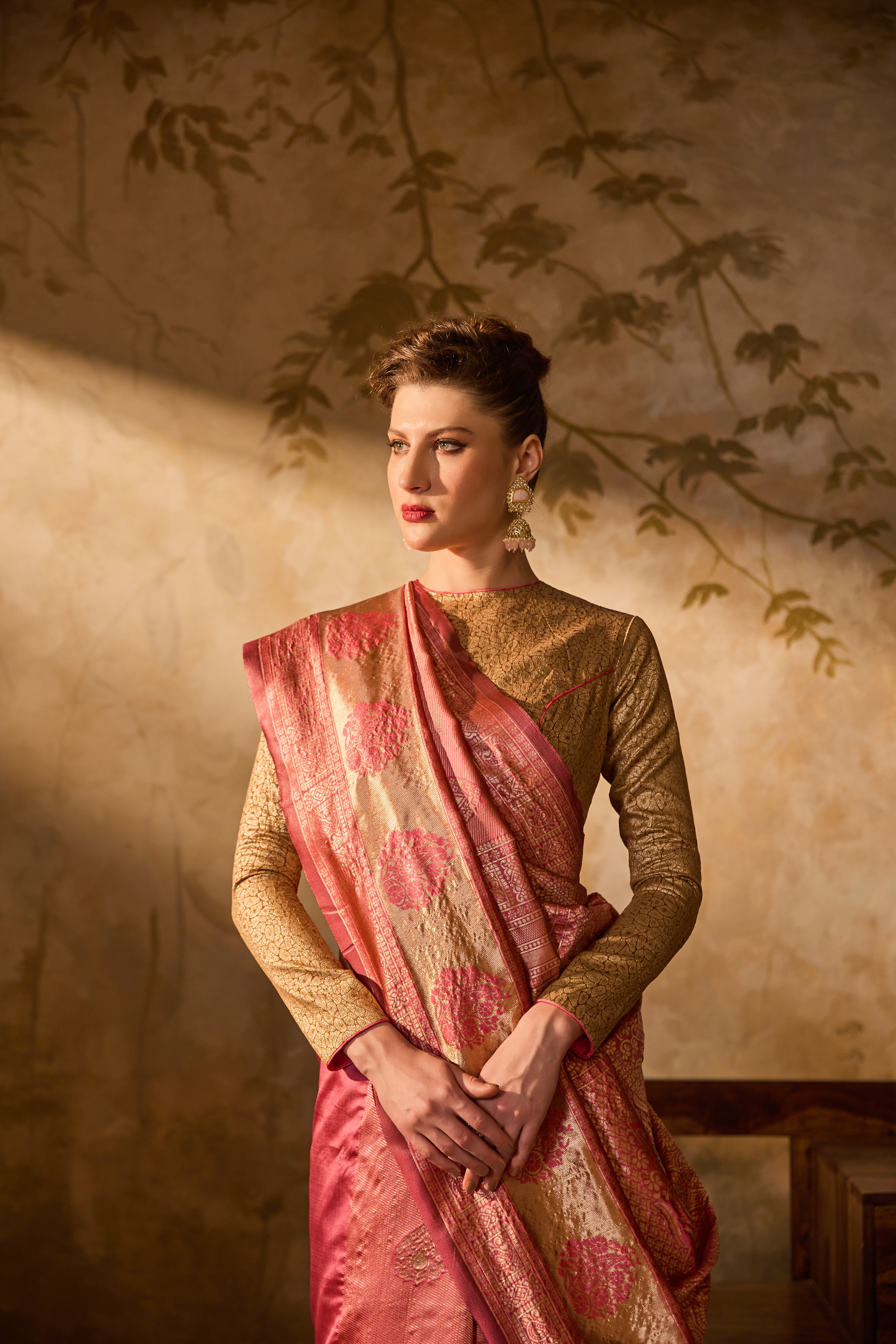 Pink & Gold Banarsi Silk Saree With Intricate Floral Zari Motifs