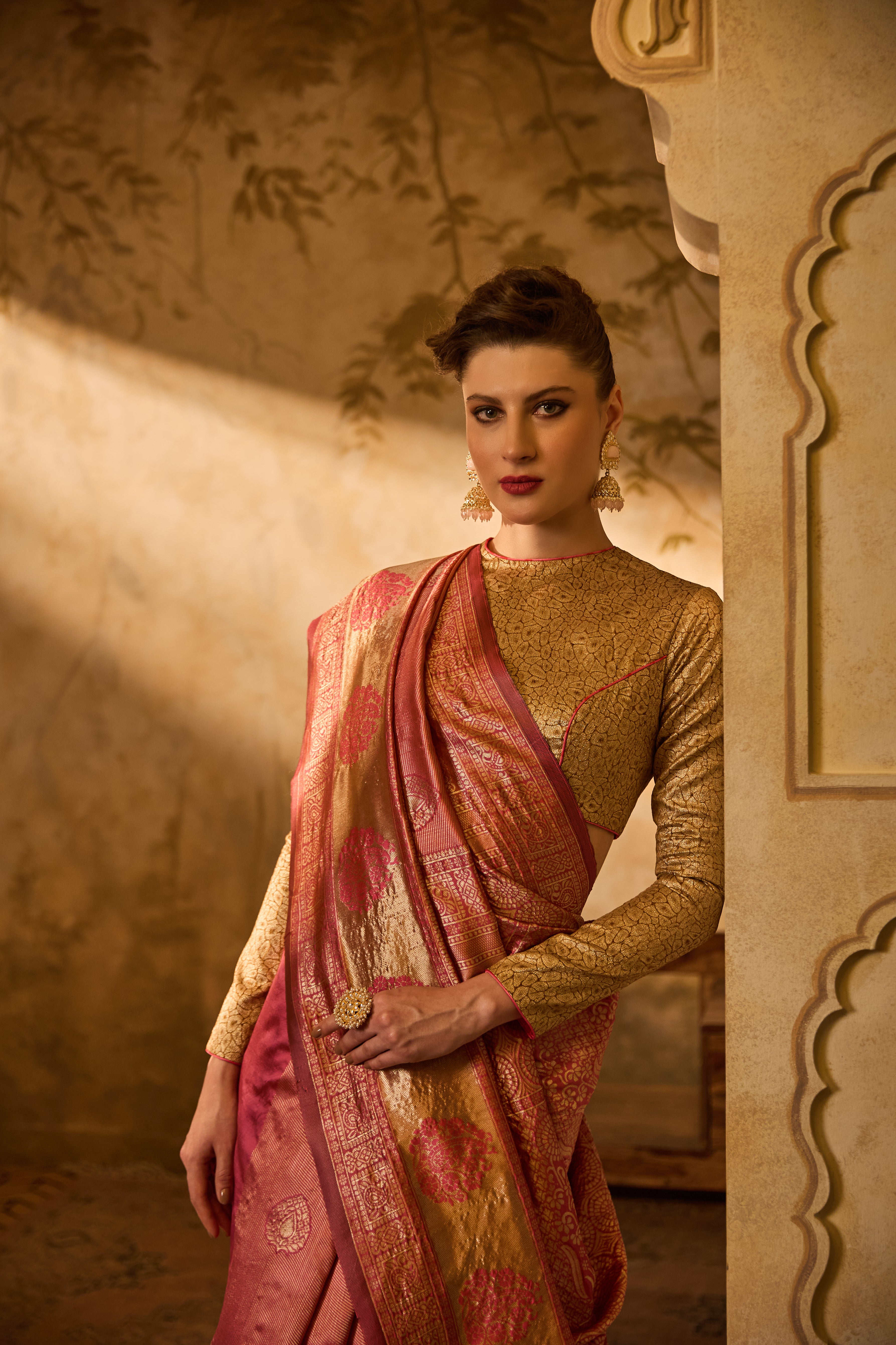 Pink & Gold Banarsi Silk Saree With Intricate Floral Zari Motifs