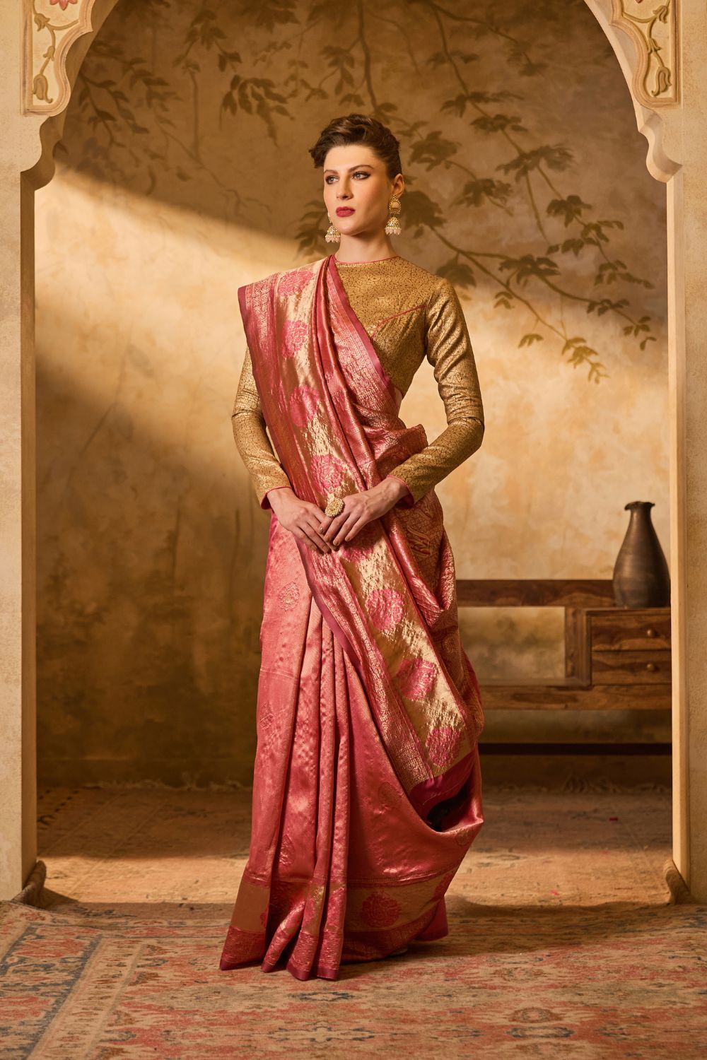 Pink & Gold Banarsi Silk Saree With Intricate Floral Zari Motifs