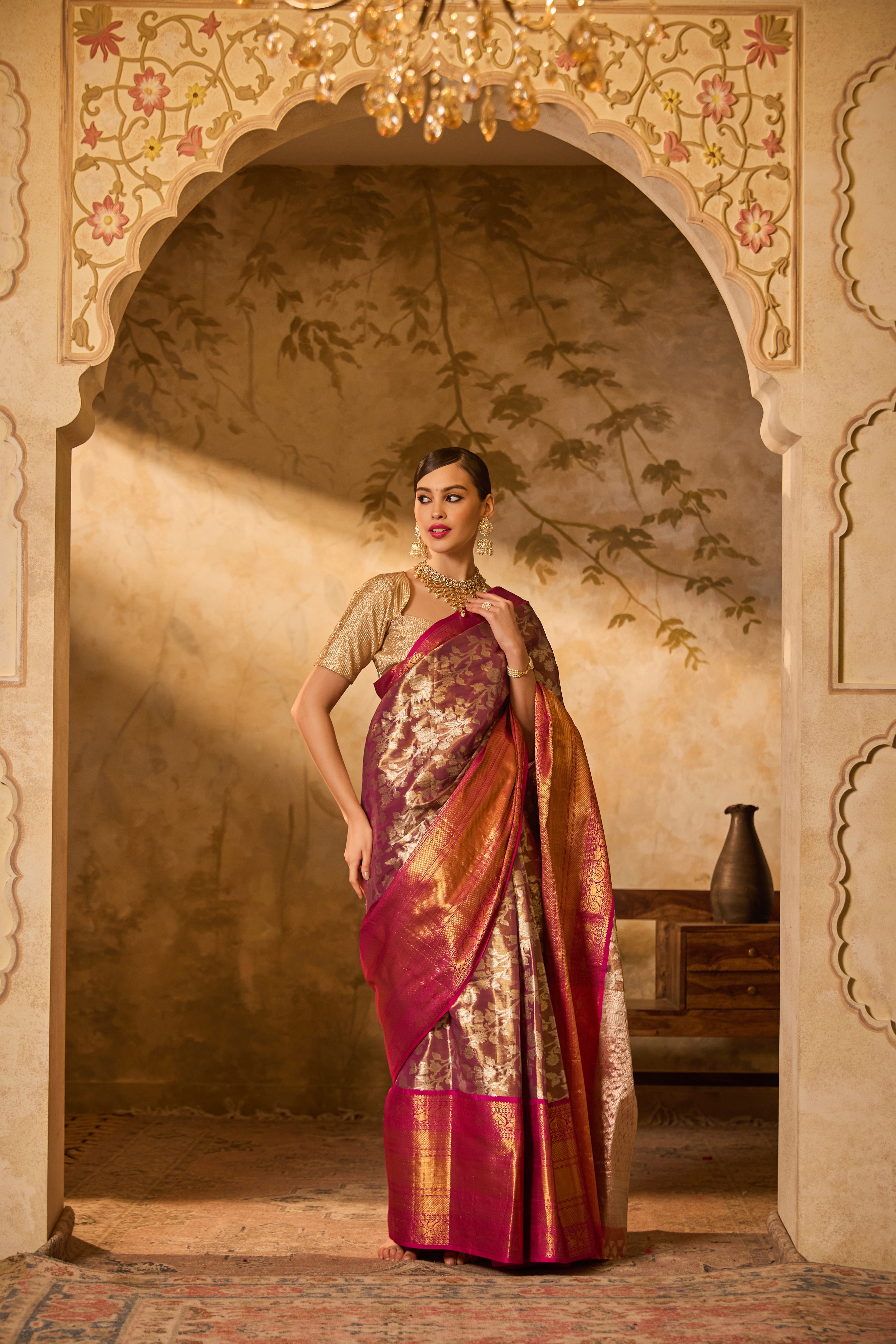 Pink And Gold Zari Banarsi Silk Saree With Intricate Floral Motifs