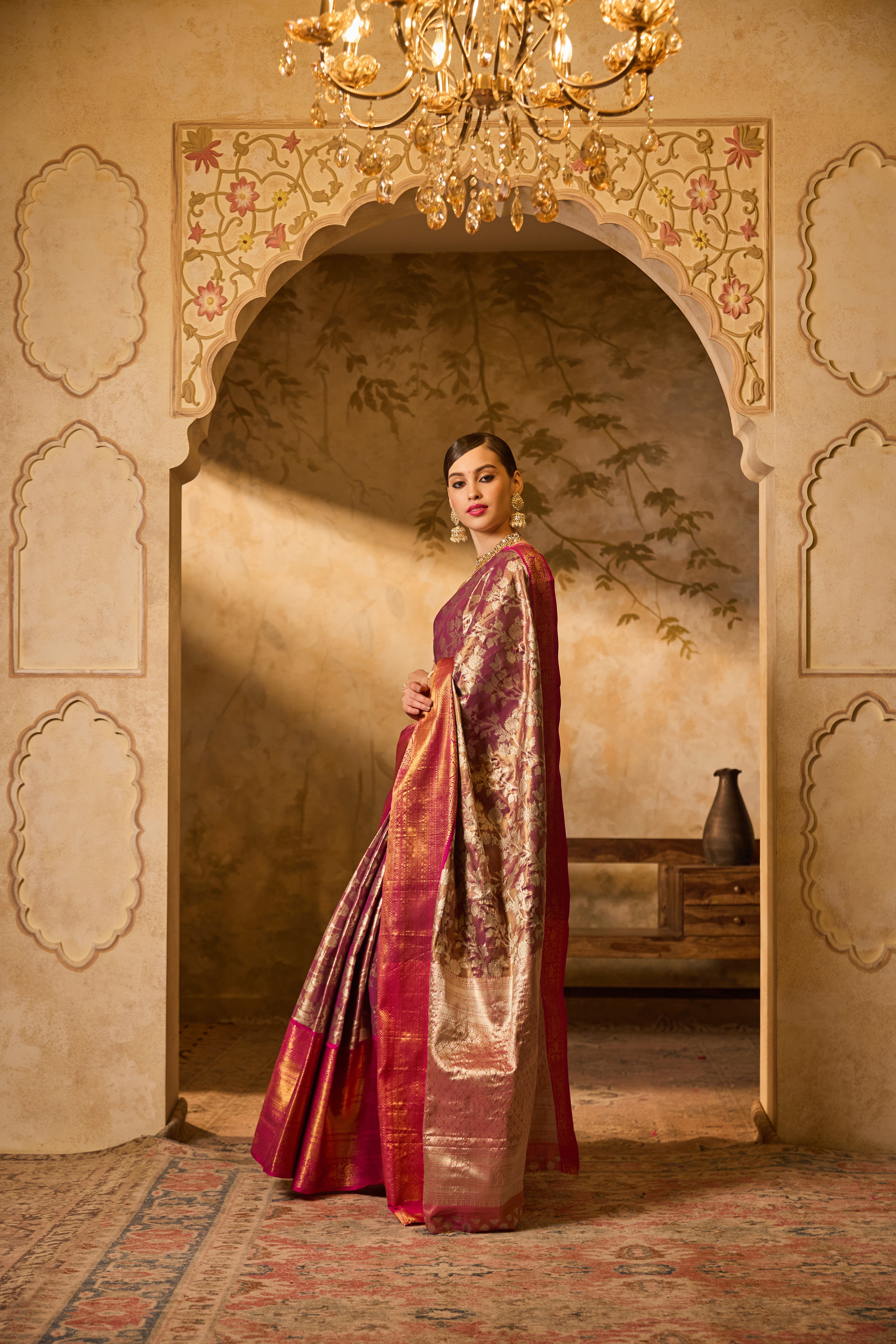 Pink And Gold Zari Banarsi Silk Saree With Intricate Floral Motifs