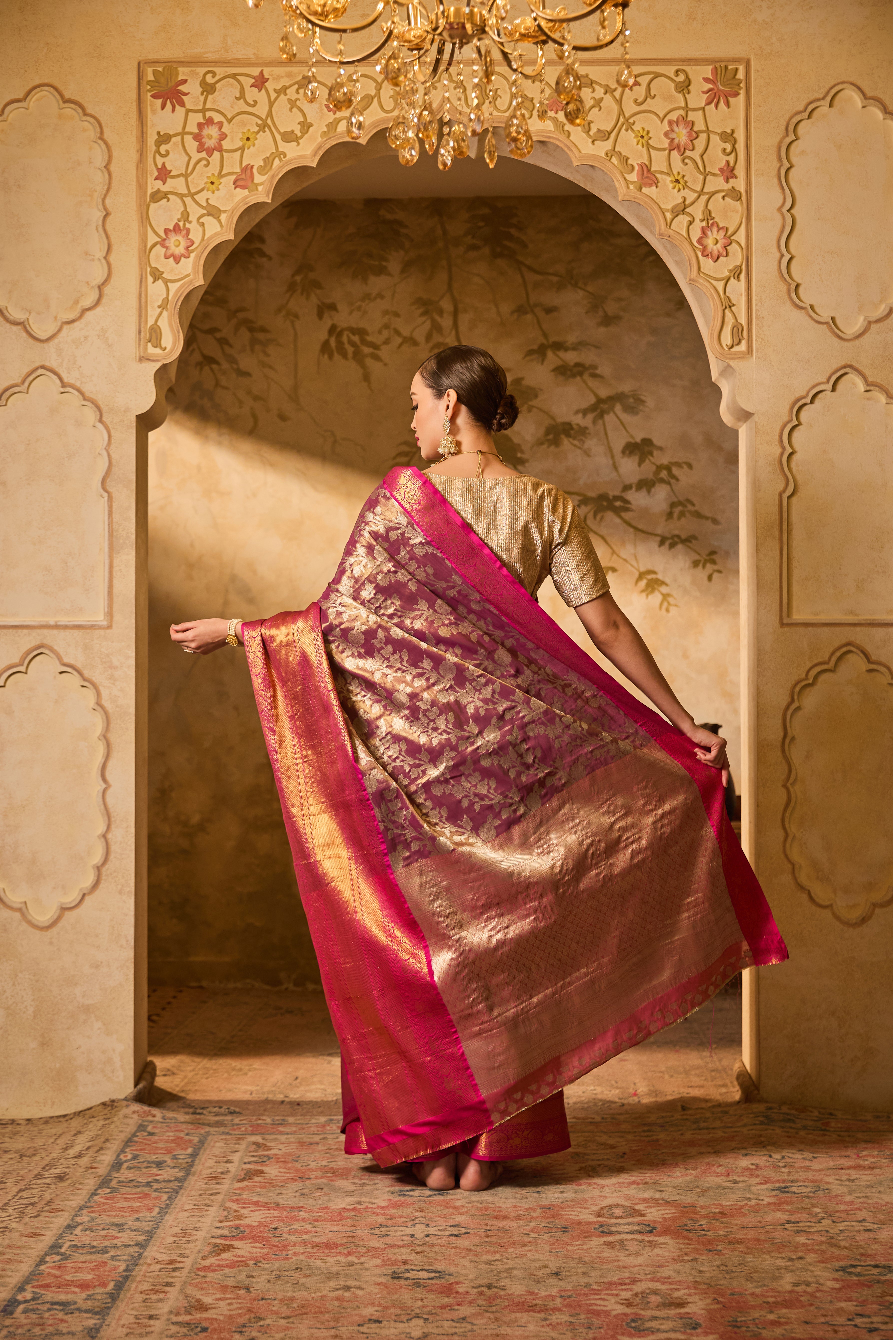 Pink And Gold Zari Banarsi Silk Saree With Intricate Floral Motifs