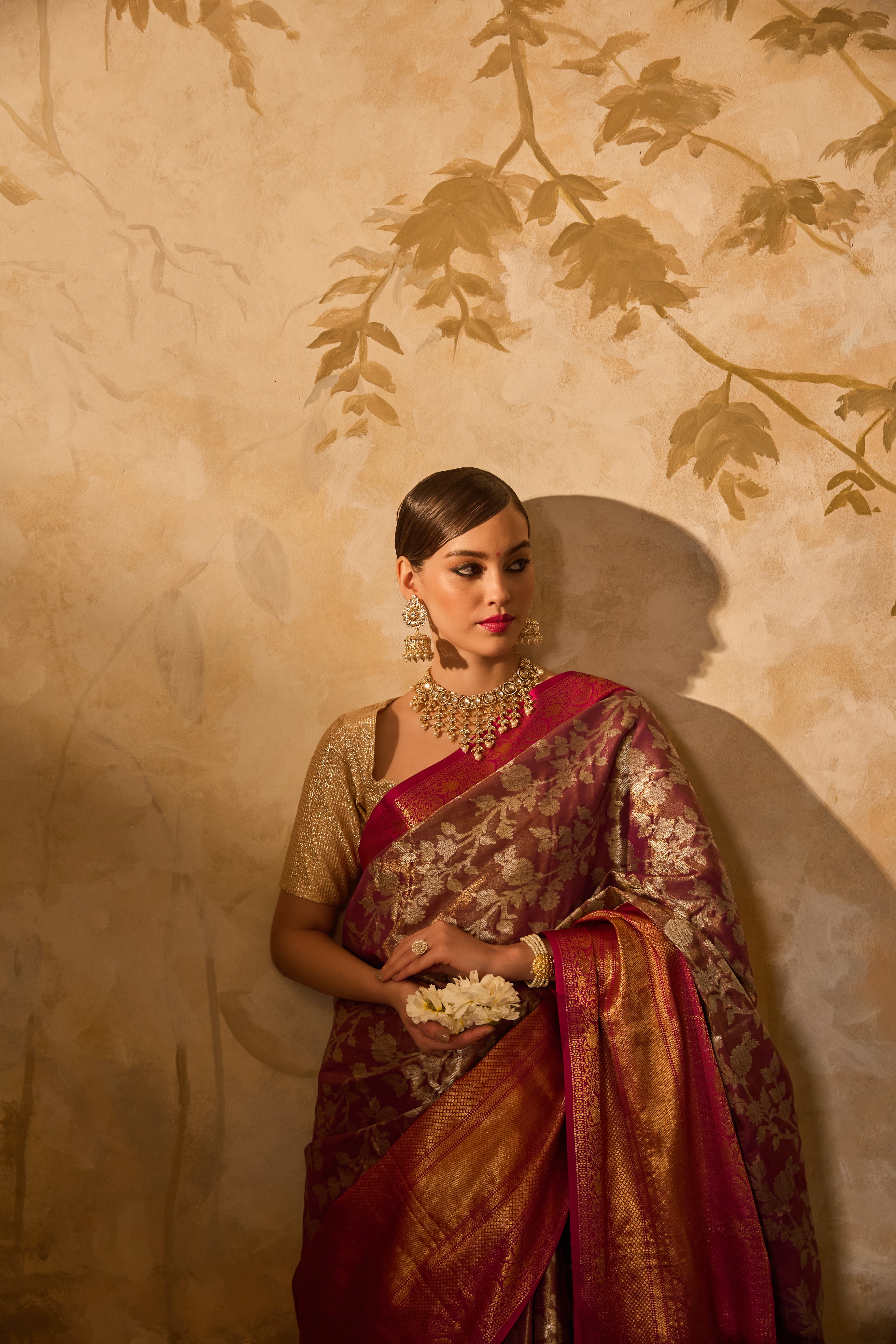 Pink And Gold Zari Banarsi Silk Saree With Intricate Floral Motifs