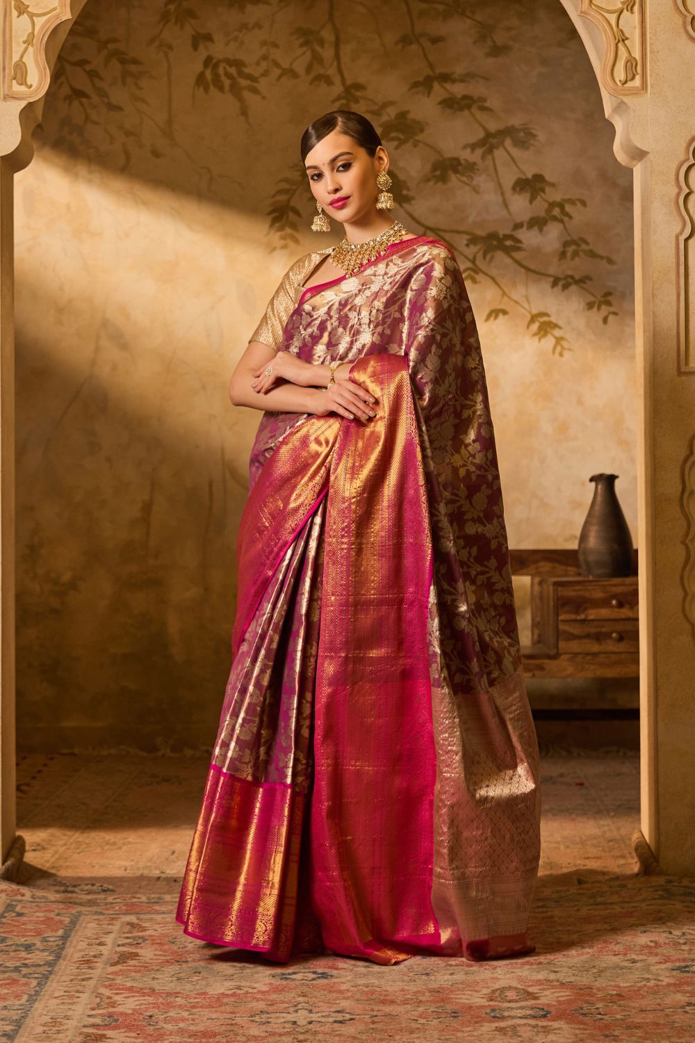 Pink And Gold Zari Banarsi Silk Saree With Intricate Floral Motifs