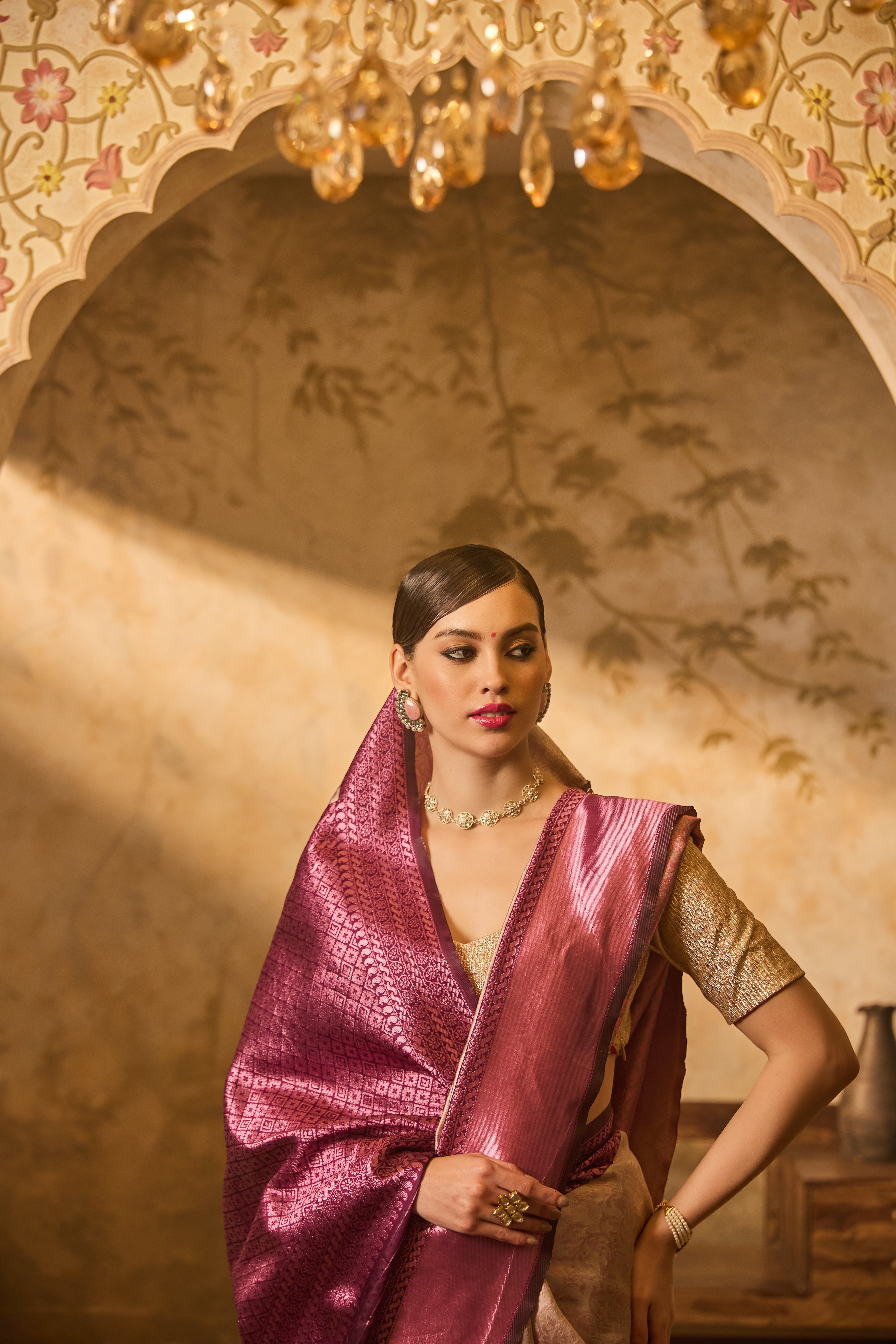 Purple Lichi Silk Saree With Intricate Floral Motifs