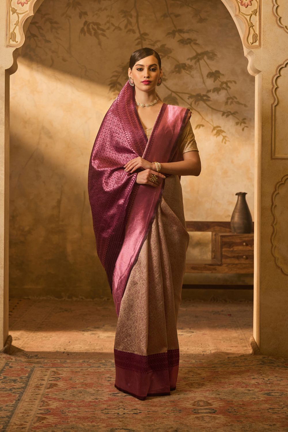 Purple Lichi Silk Saree With Intricate Floral Motifs