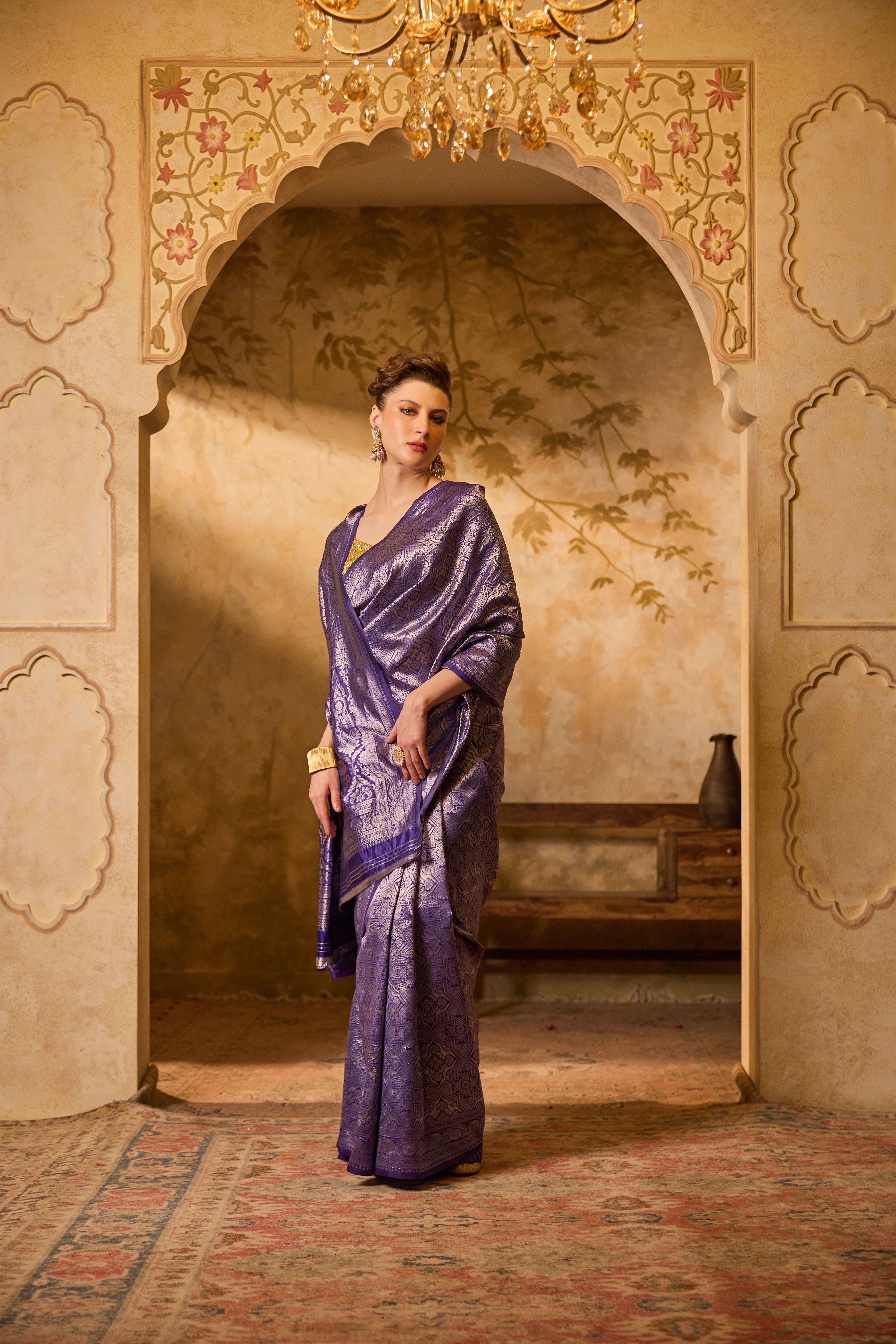 Royal Purple Banarasi Silk Saree With Intricate Silver Zari Motifs