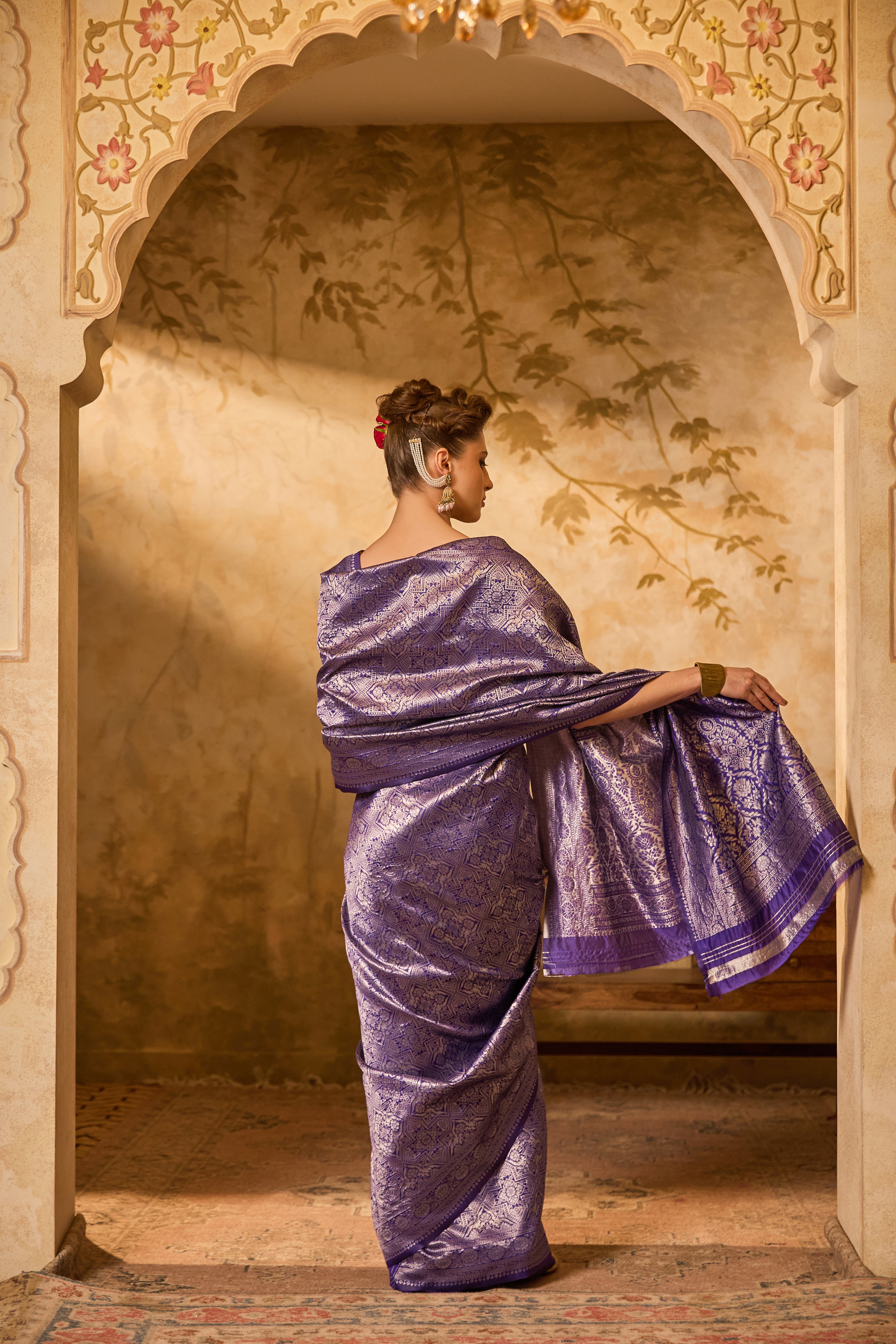 Royal Purple Banarasi Silk Saree With Intricate Silver Zari Motifs