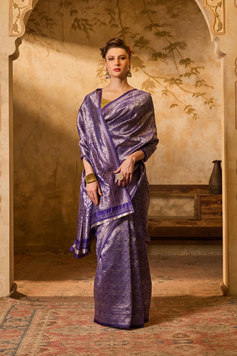 Royal Purple Banarasi Silk Saree With Intricate Silver Zari Motifs