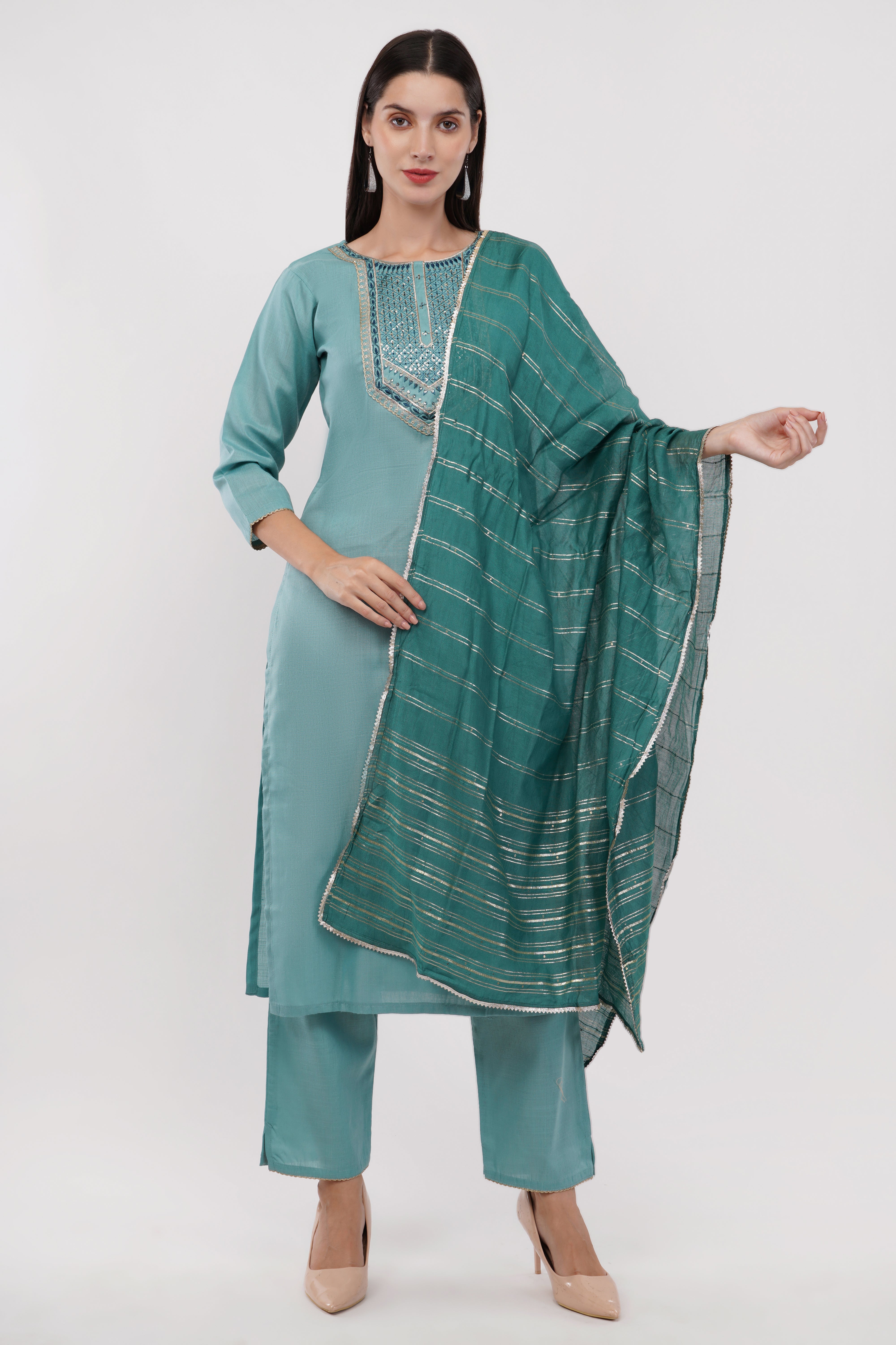 Aqua Green Cotton Fabric Contrasting Dupatta With Embroidered Yoke Suit Set - Set Of 3