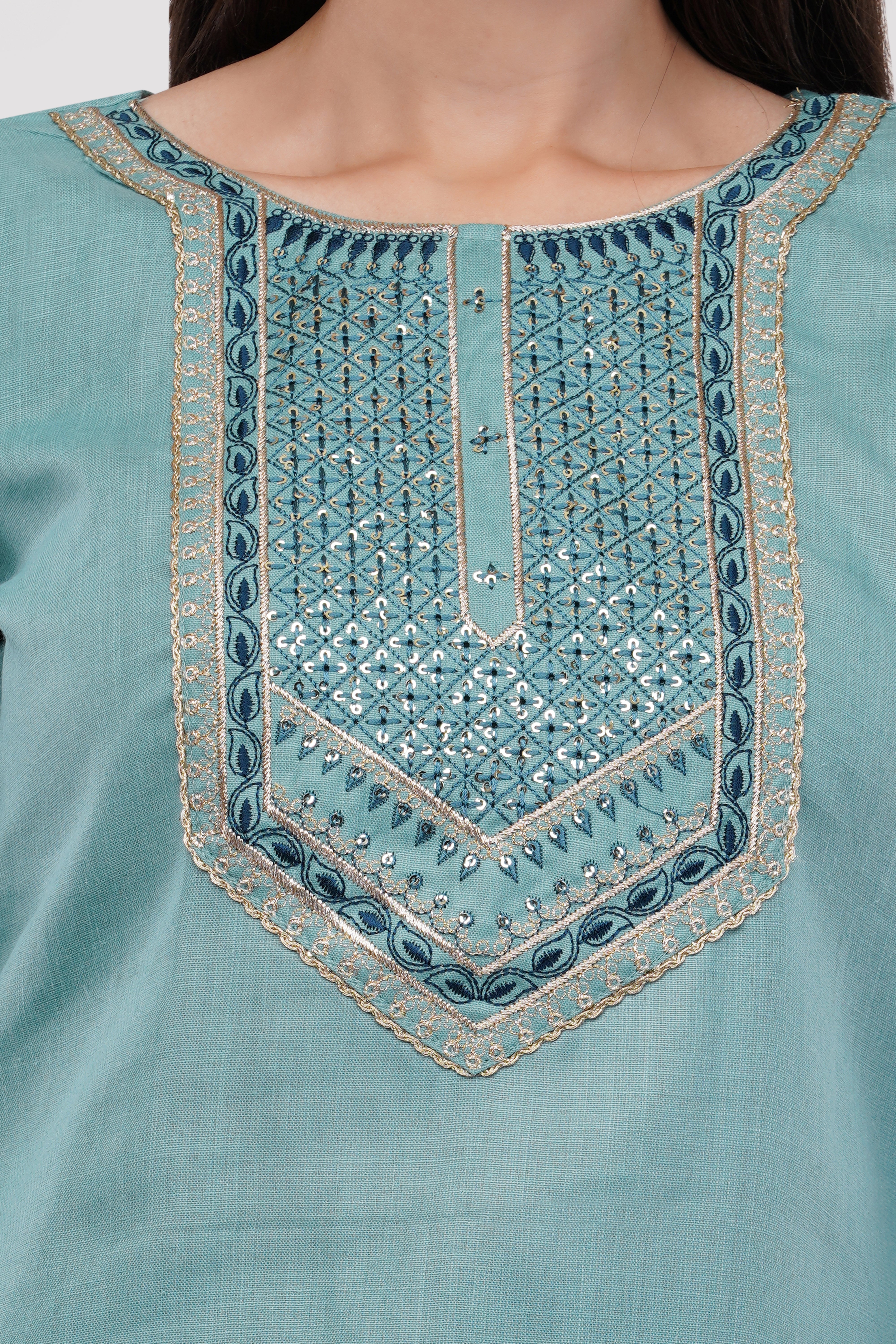 Aqua Green Cotton Fabric Contrasting Dupatta With Embroidered Yoke Suit Set - Set Of 3