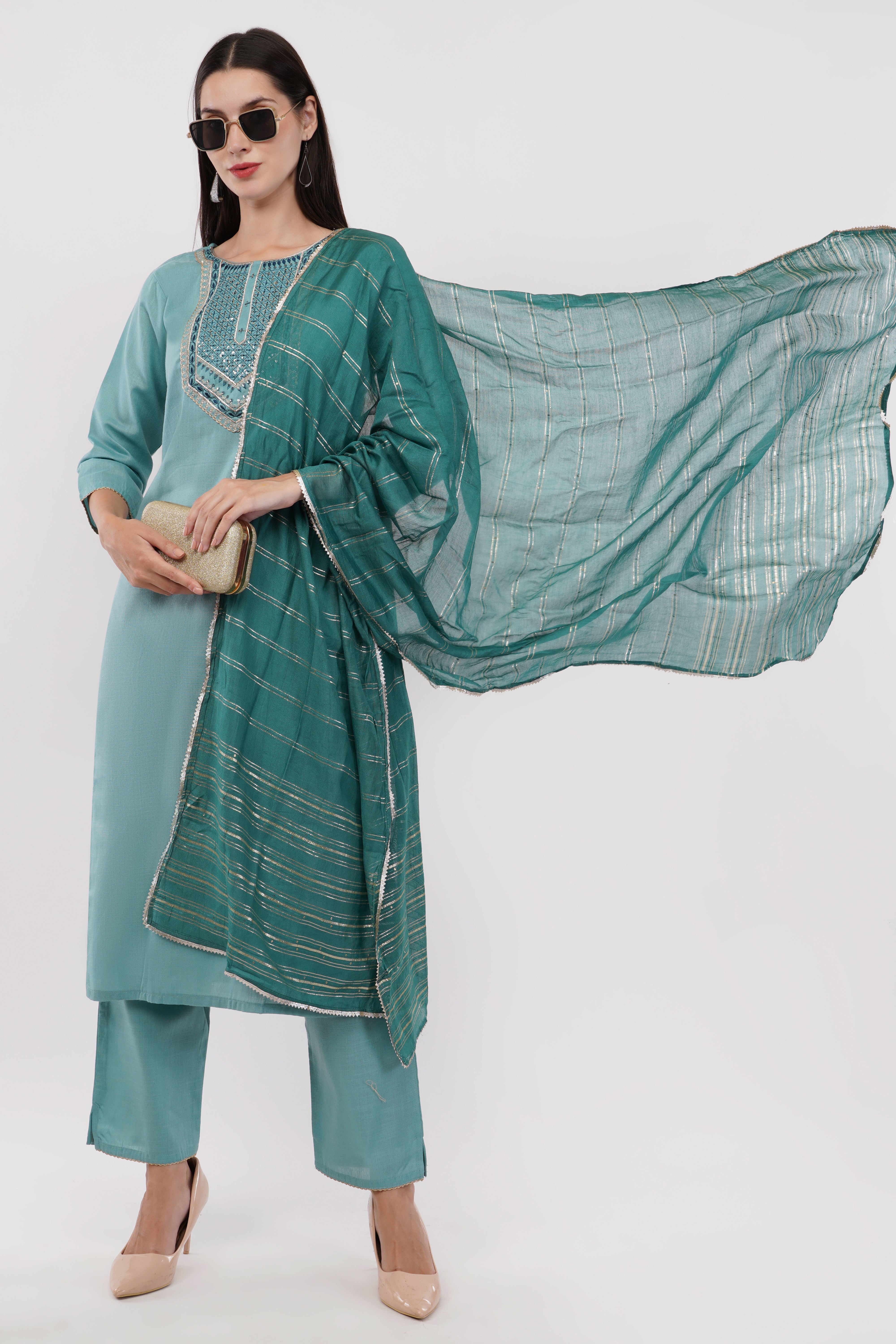 Aqua Green Cotton Fabric Contrasting Dupatta With Embroidered Yoke Suit Set - Set Of 3