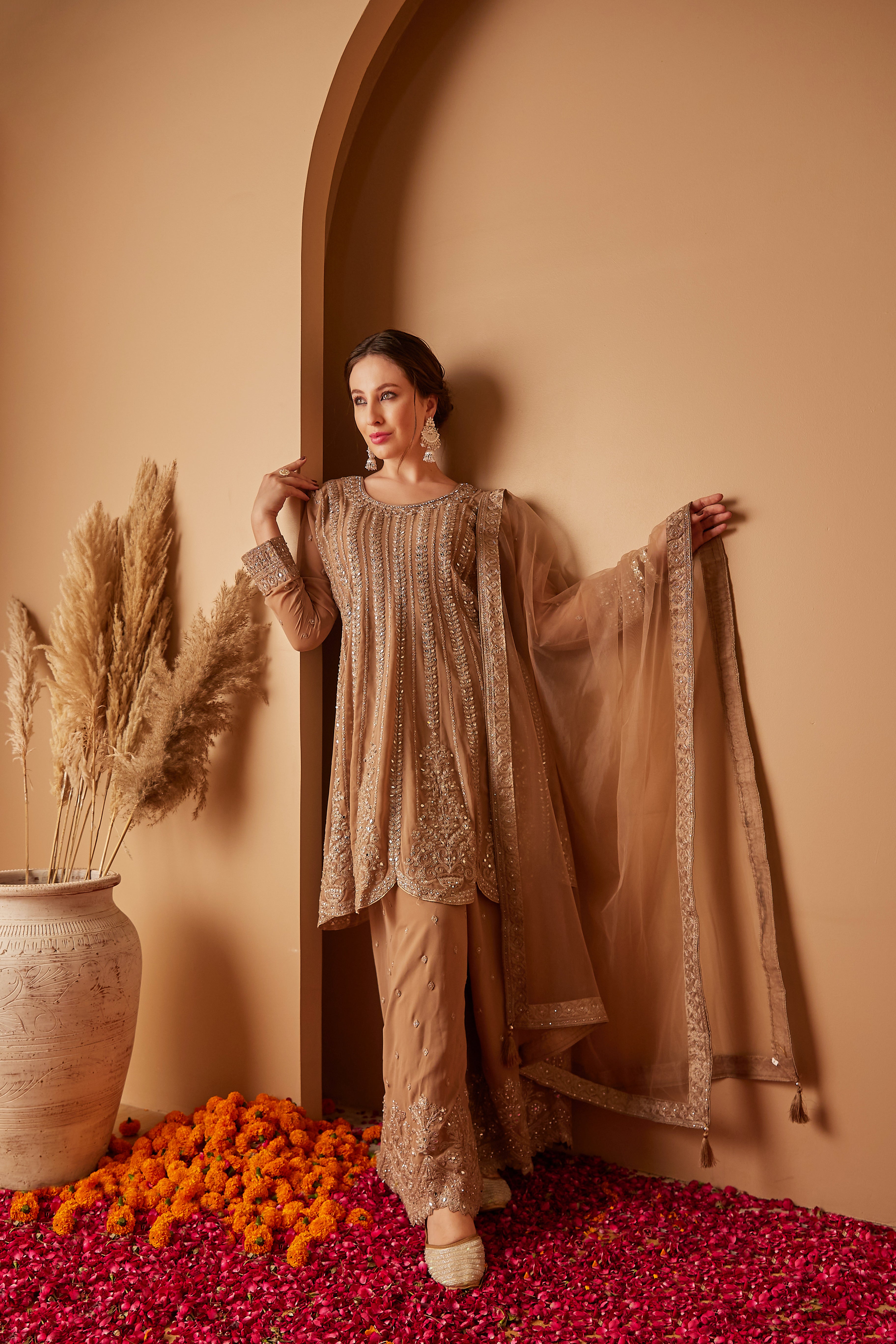 Beige Embroidered Peplum Suit Set With Flared Pants & Dupatta - Set Of 3