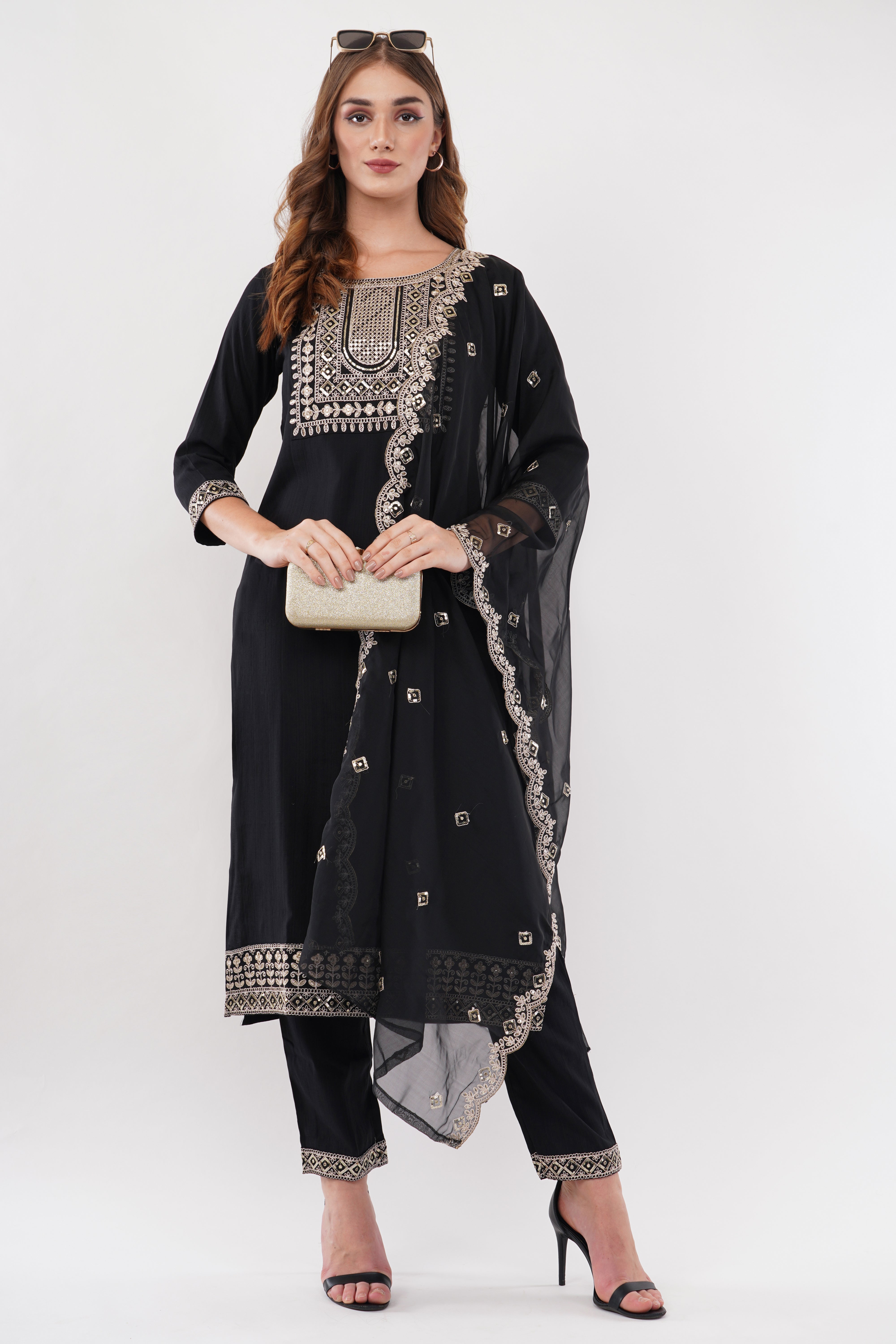 Black Silk Straight Suit With Dupatta - Set Of 3