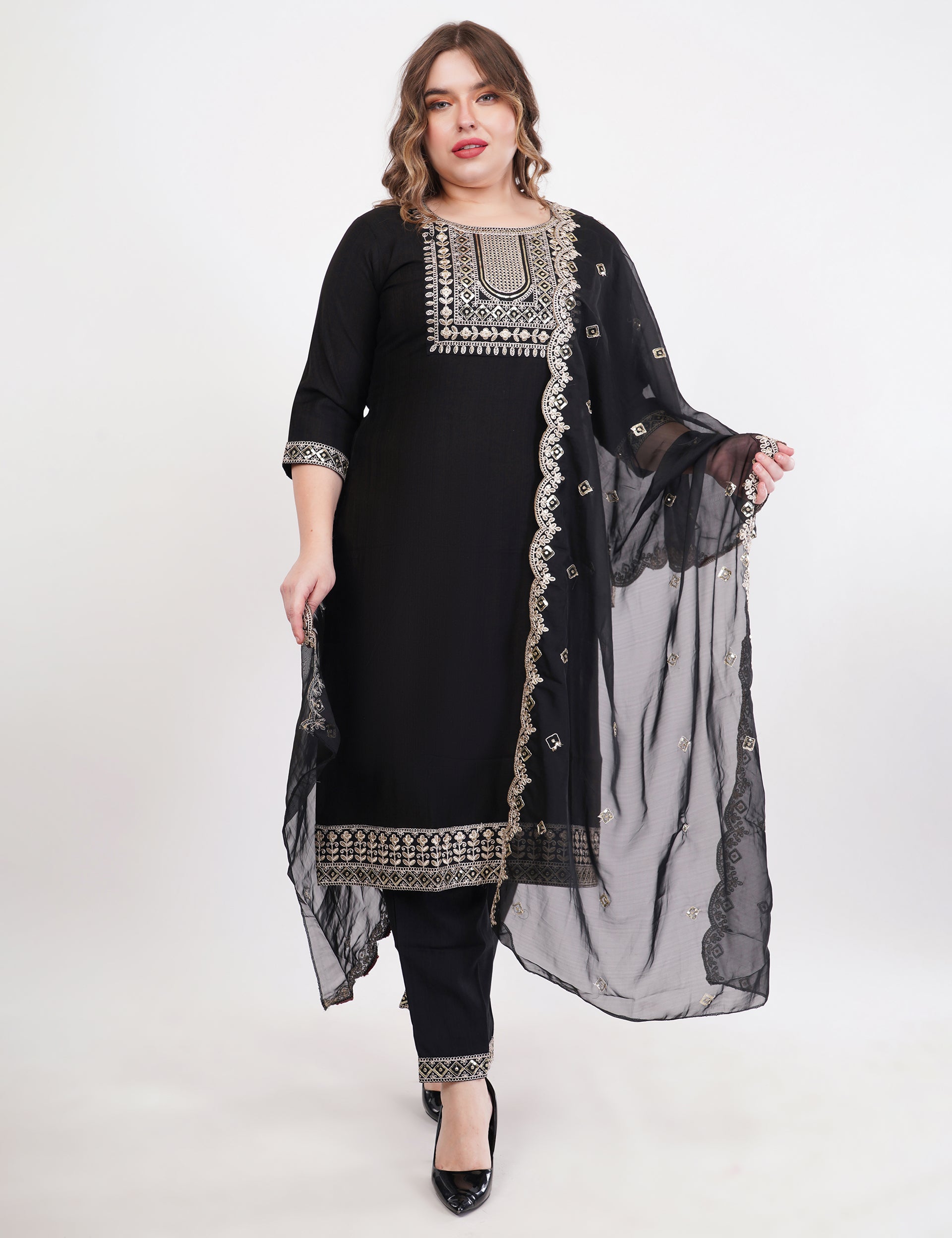 Black Silk Straight Suit With Dupatta - Set Of 3