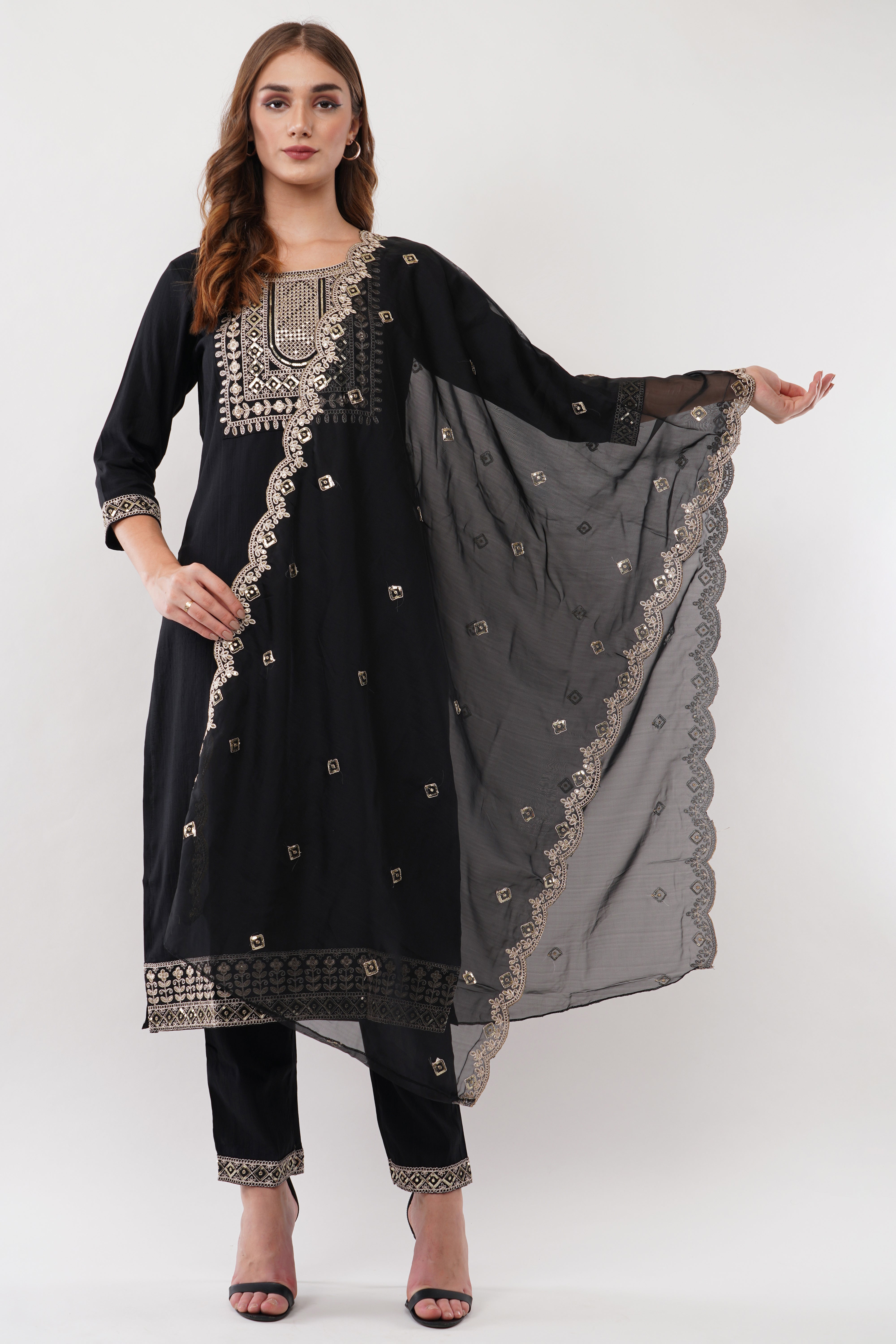 Black Silk Straight Suit With Dupatta - Set Of 3