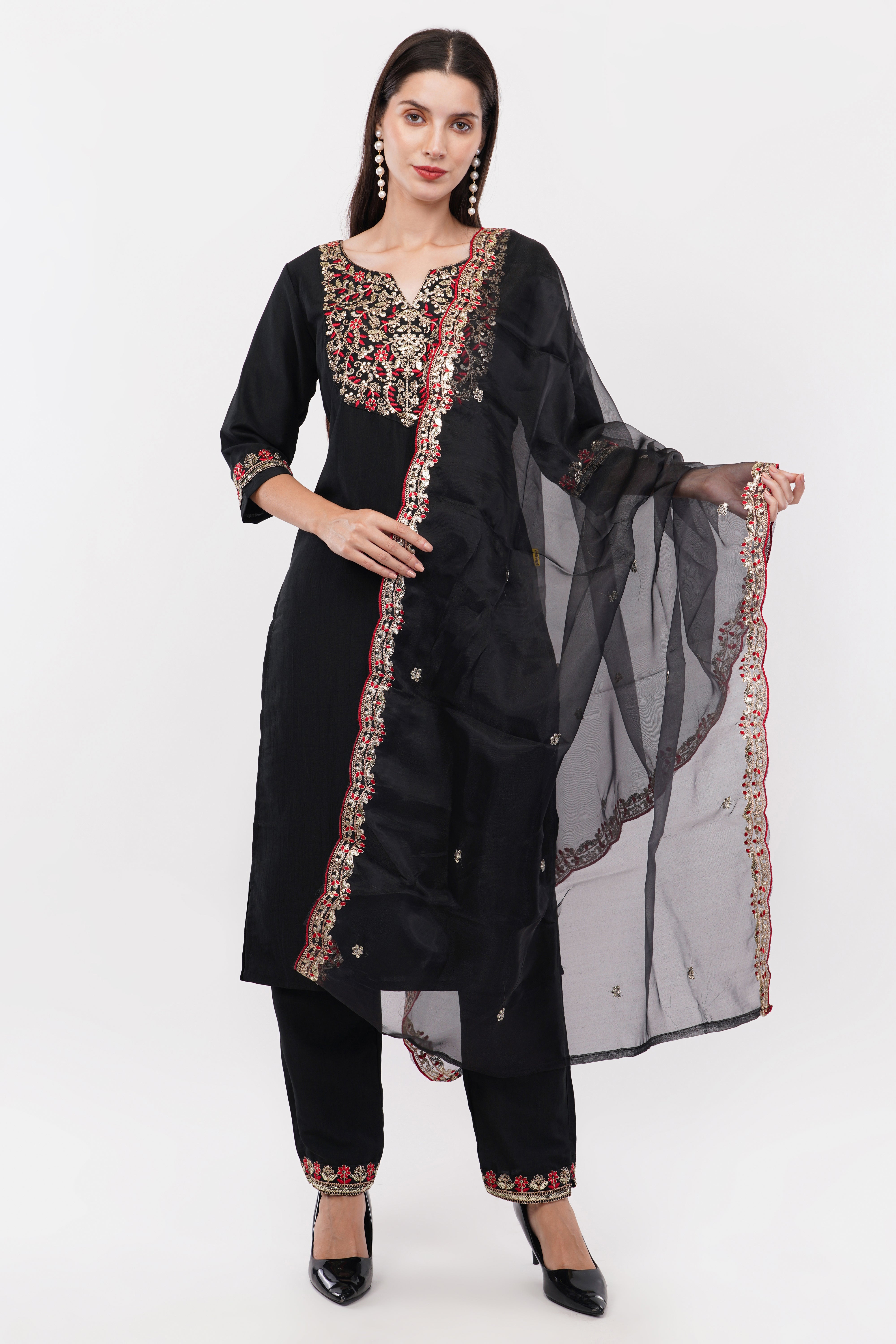 Black Embroidered Suit Set With Dupatta - Set Of 3