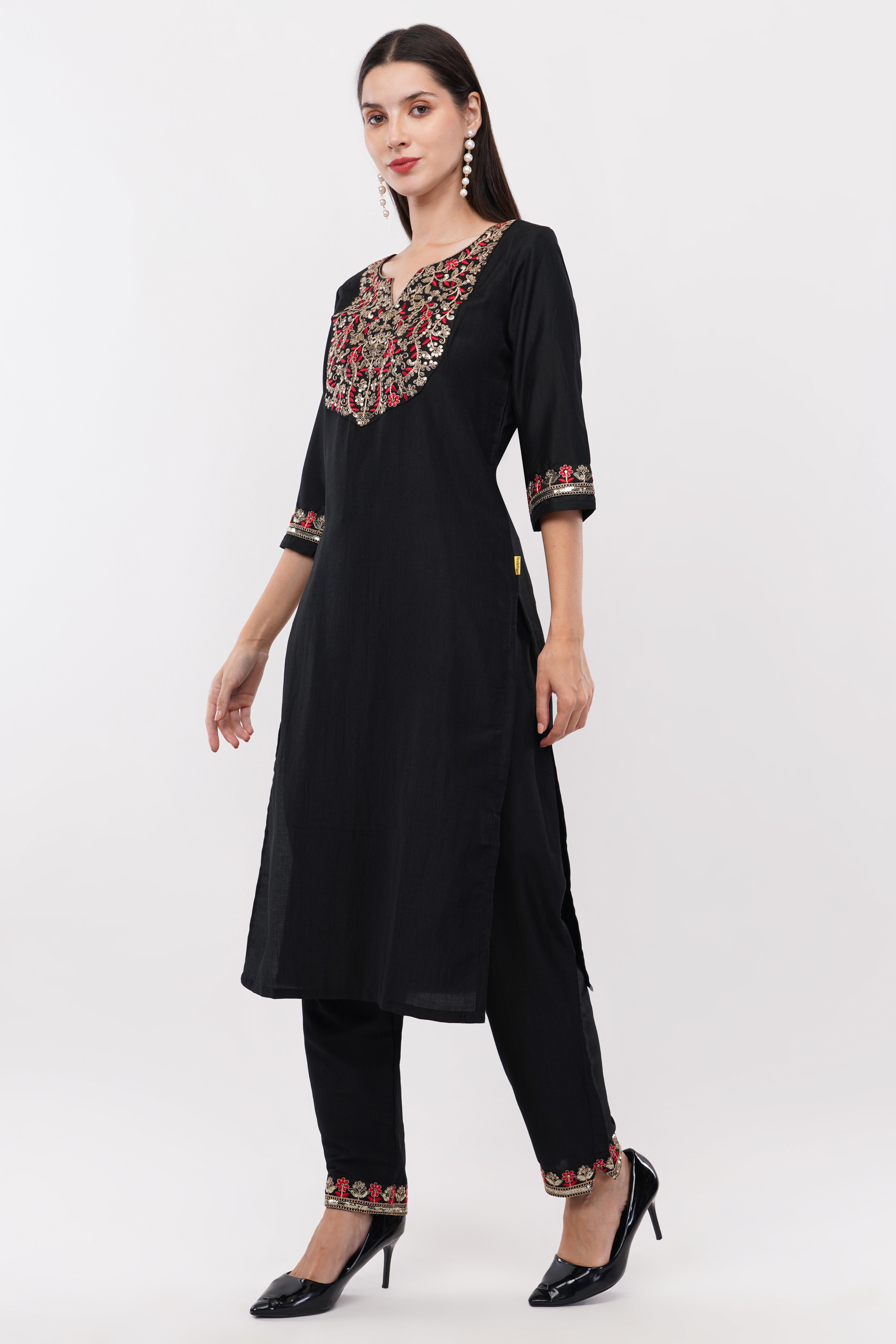 Black Embroidered Suit Set With Dupatta - Set Of 3