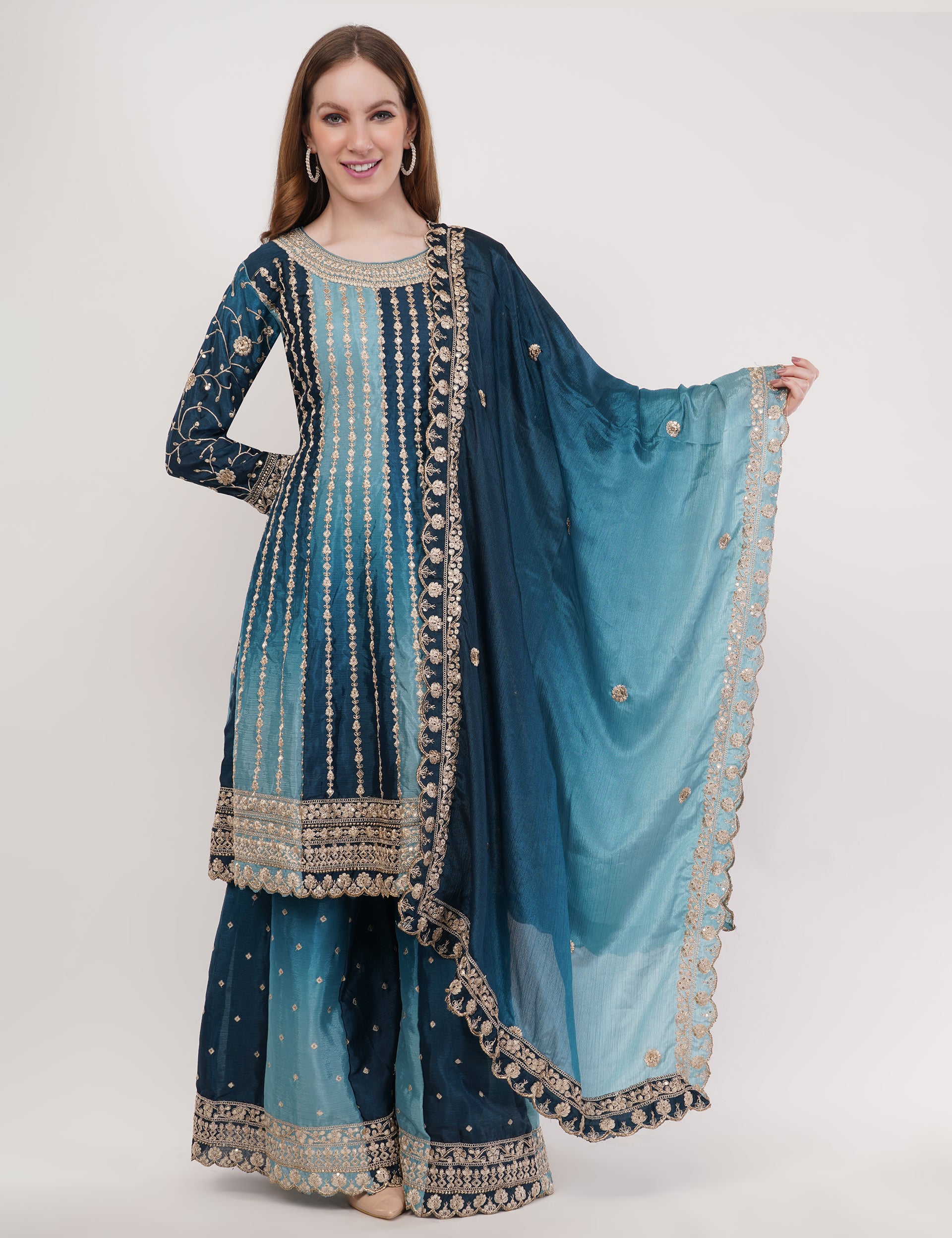 Blue Chinon Fabric Embroidered Suit With Flared Pants & Dupatta - Set Of 3