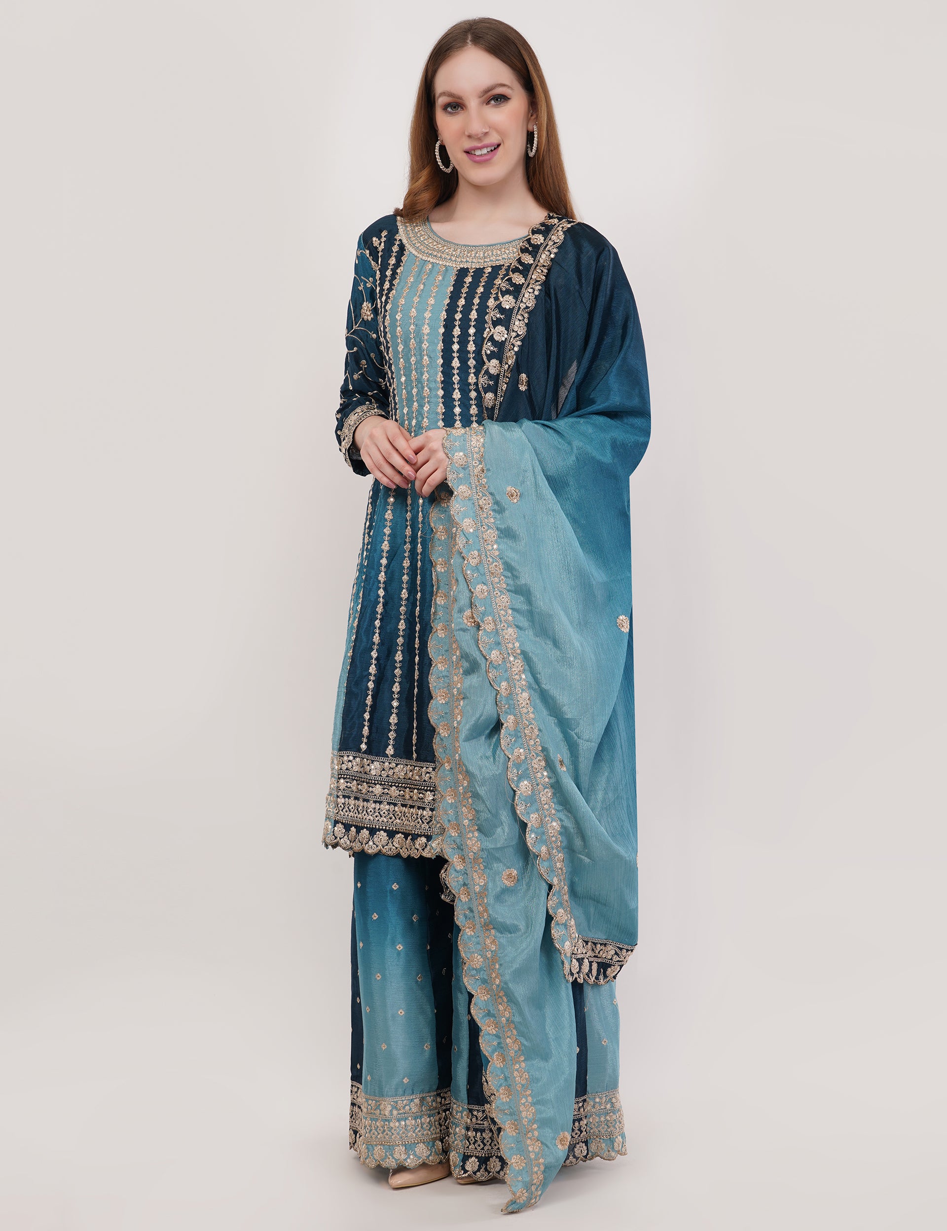 Blue Chinon Fabric Embroidered Suit With Flared Pants & Dupatta - Set Of 3