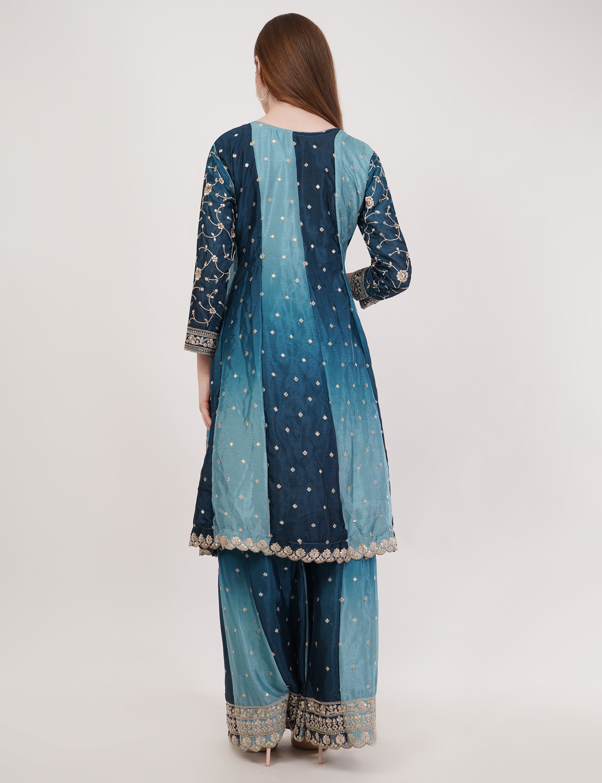 Blue Chinon Fabric Embroidered Suit With Flared Pants & Dupatta - Set Of 3