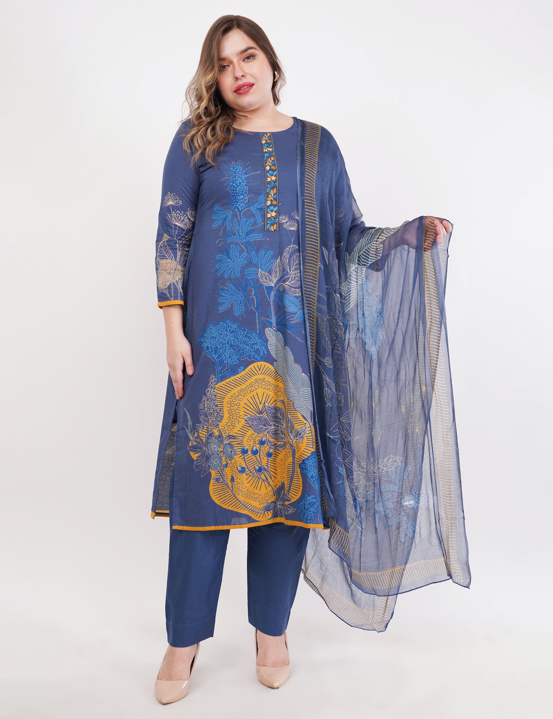 Printed & Embroidered Blue Suit Set - Set Of 3