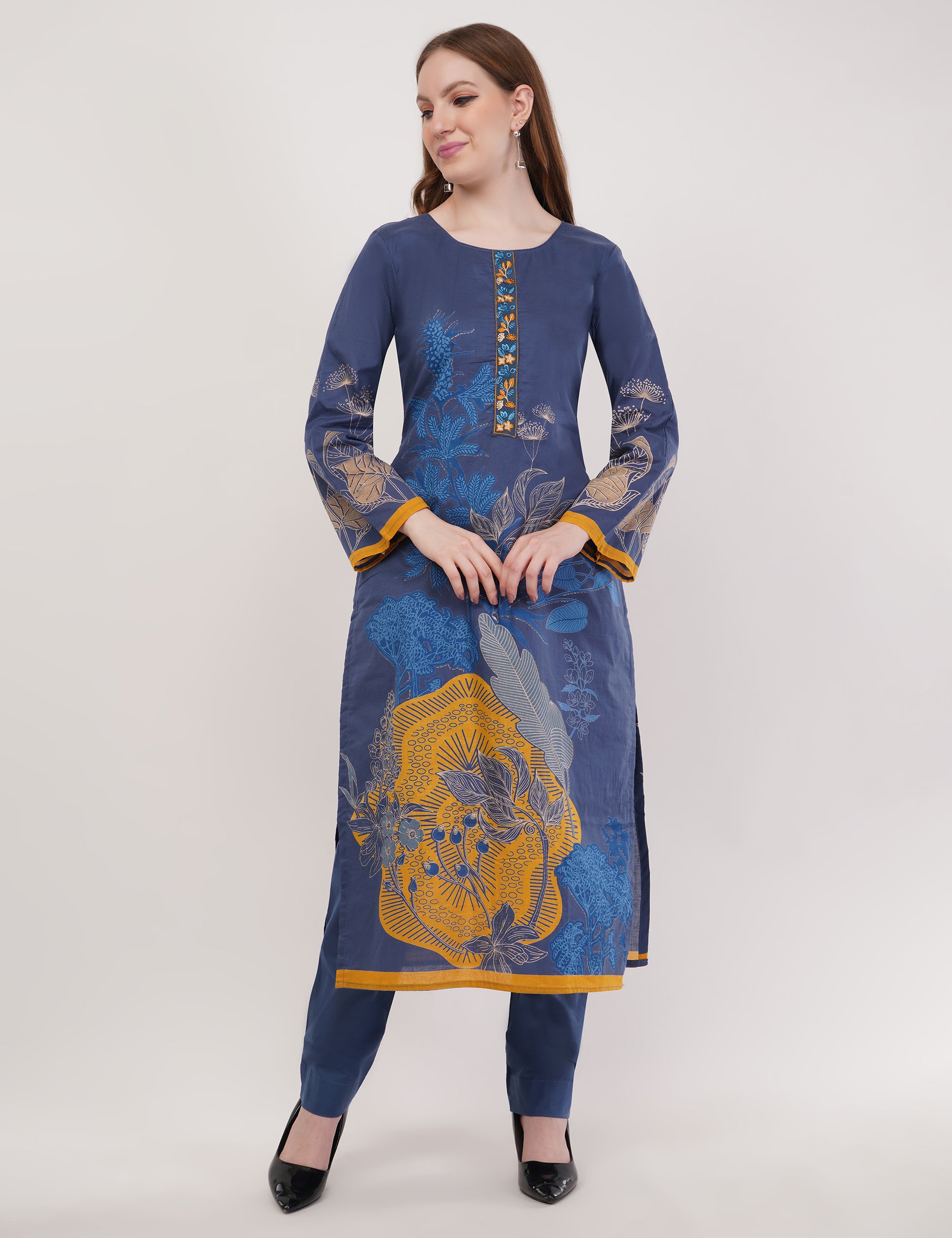 Printed & Embroidered Blue Suit Set - Set Of 3