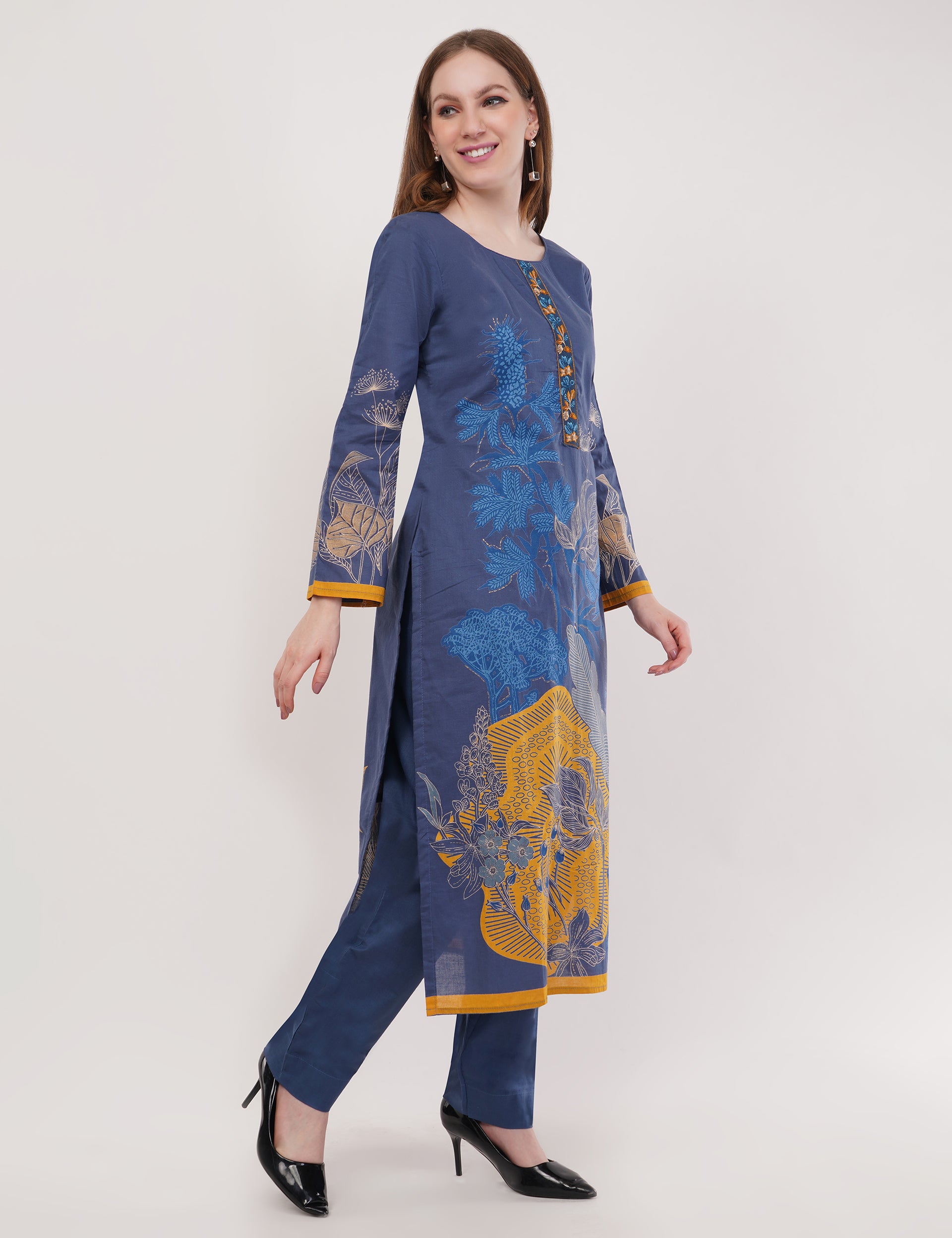 Printed & Embroidered Blue Suit Set - Set Of 3