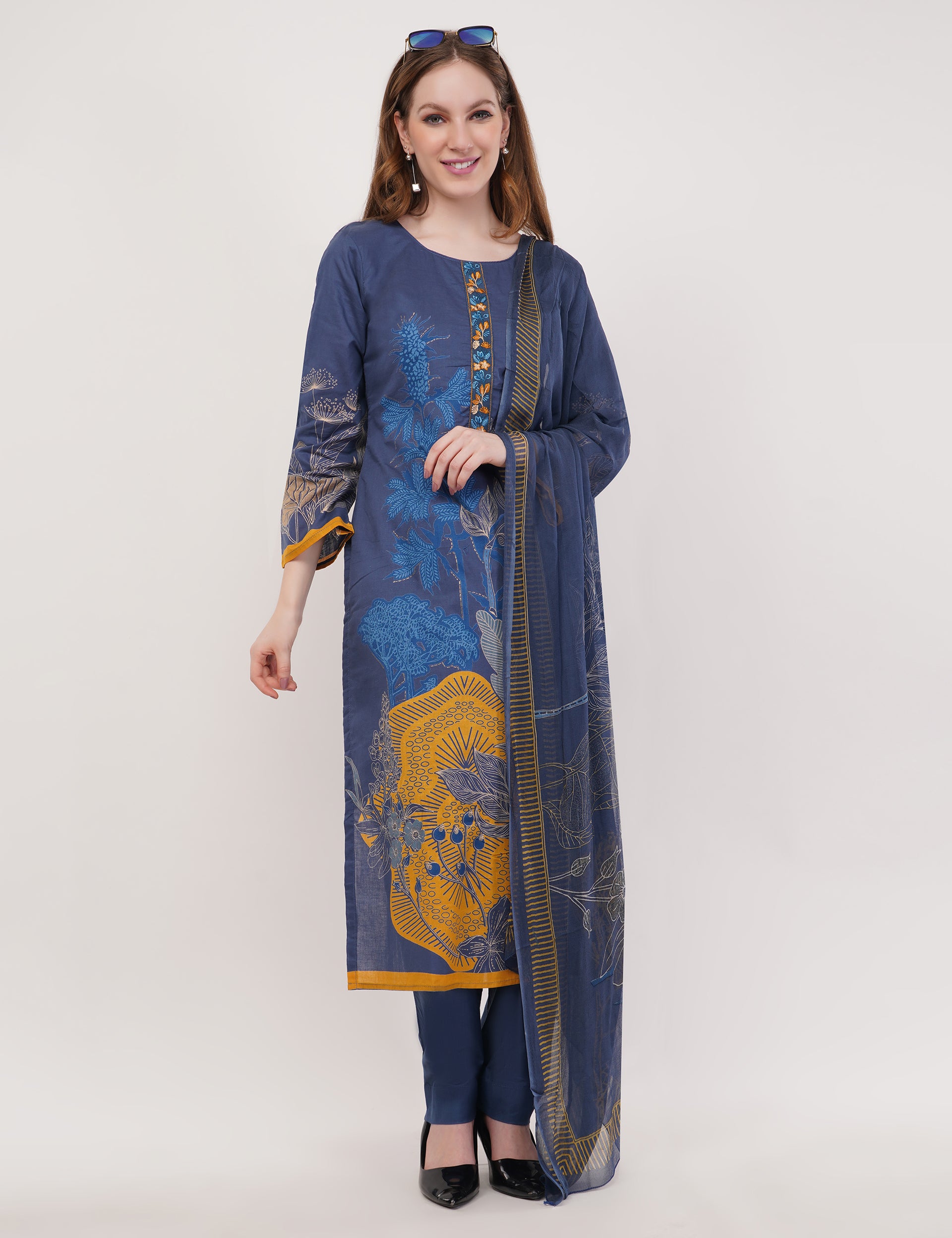 Printed & Embroidered Blue Suit Set - Set Of 3