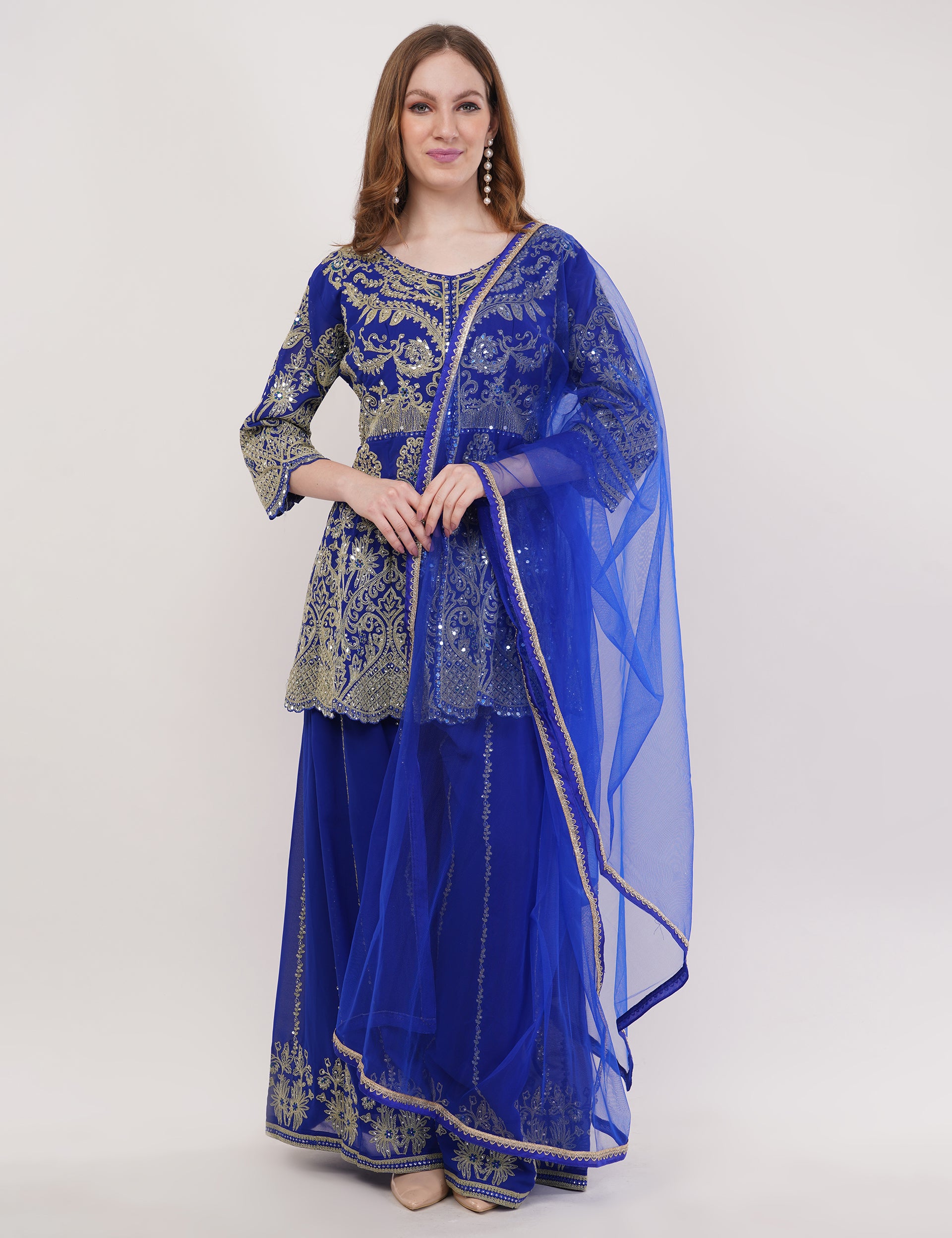 Blue Embroidered Peplum Suit Set With Flared Pants & Dupatta - Set Of 3