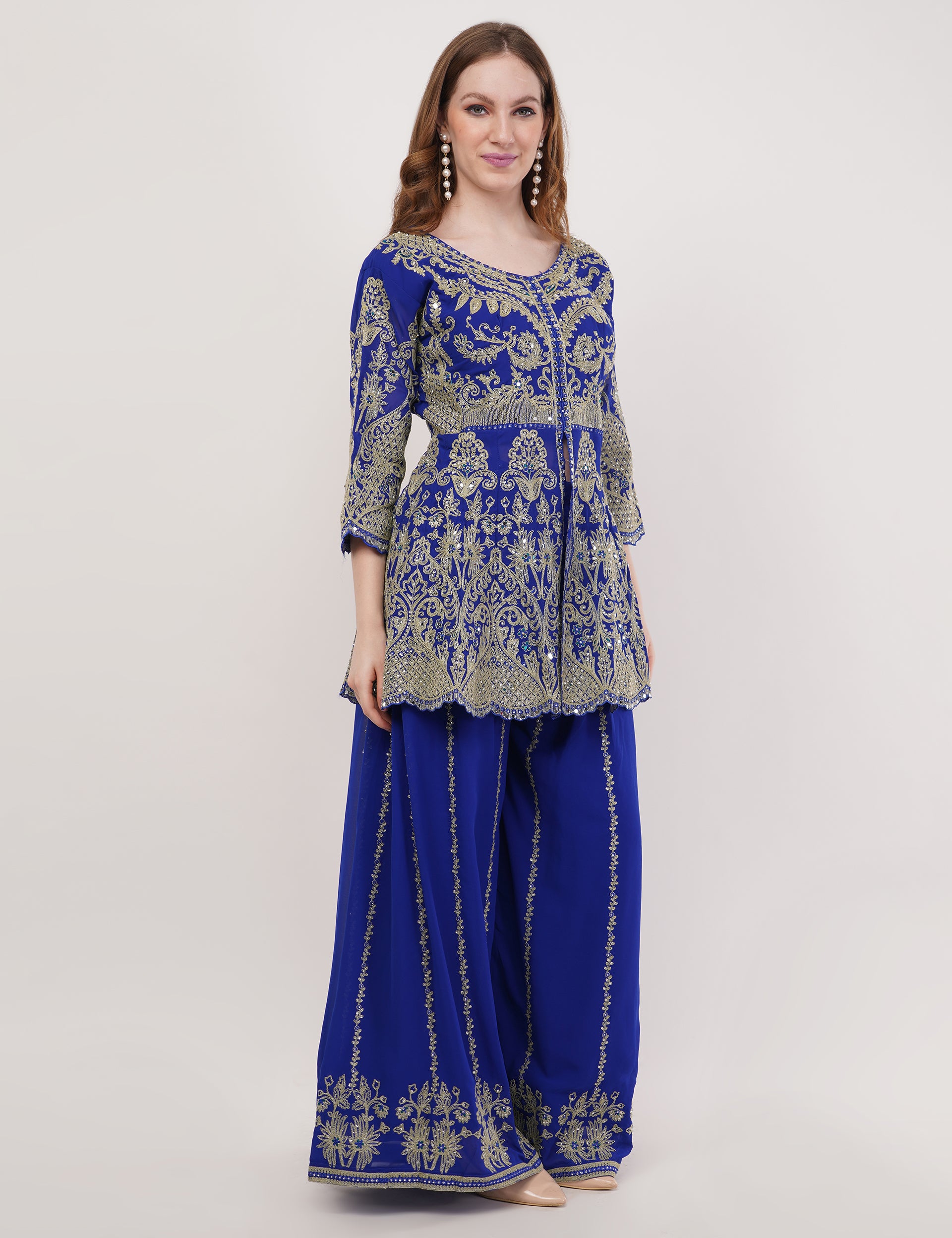 Blue Embroidered Peplum Suit Set With Flared Pants & Dupatta - Set Of 3