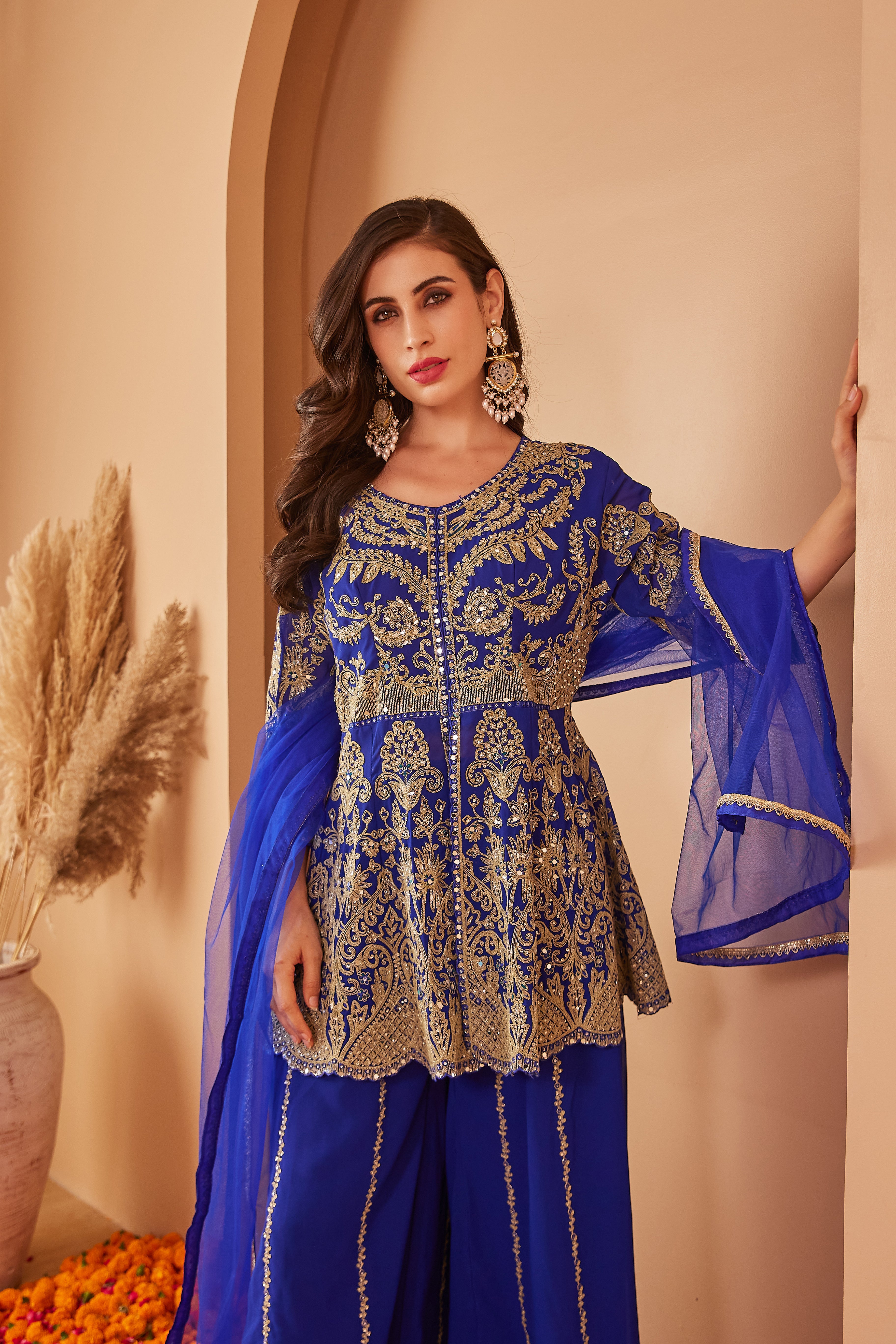 Blue Embroidered Peplum Suit Set With Flared Pants & Dupatta - Set Of 3