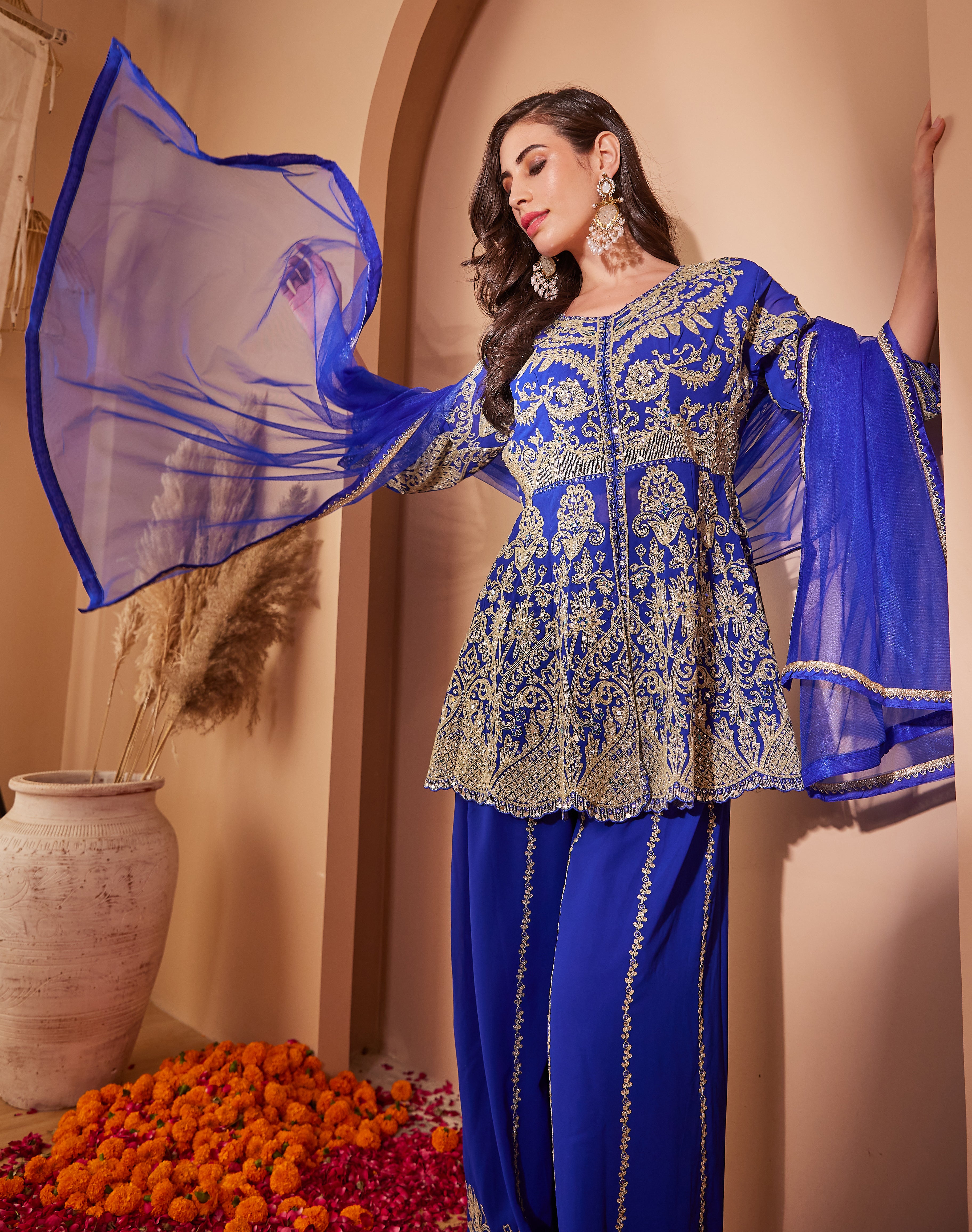 Blue Embroidered Peplum Suit Set With Flared Pants & Dupatta - Set Of 3