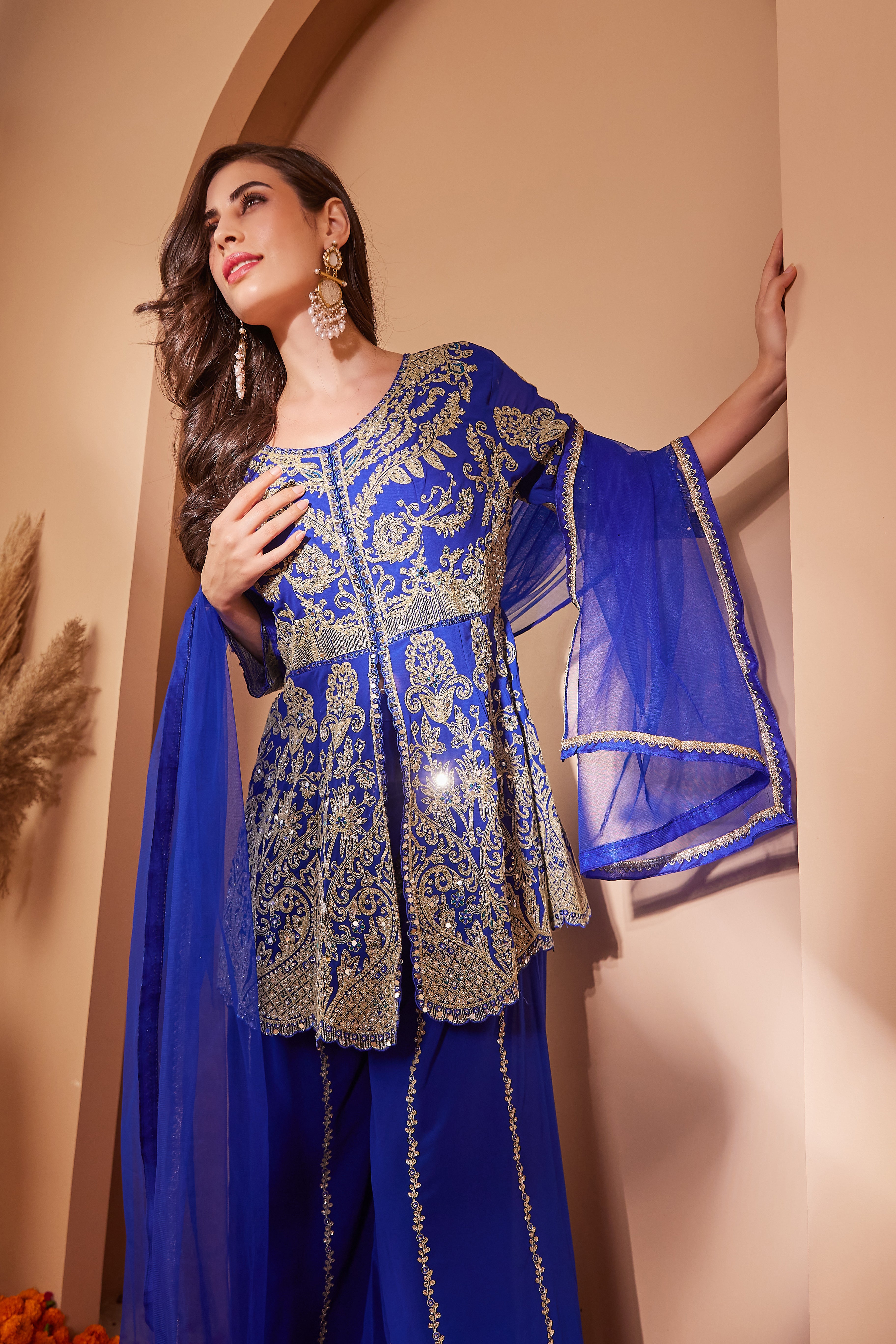 Blue Embroidered Peplum Suit Set With Flared Pants & Dupatta - Set Of 3