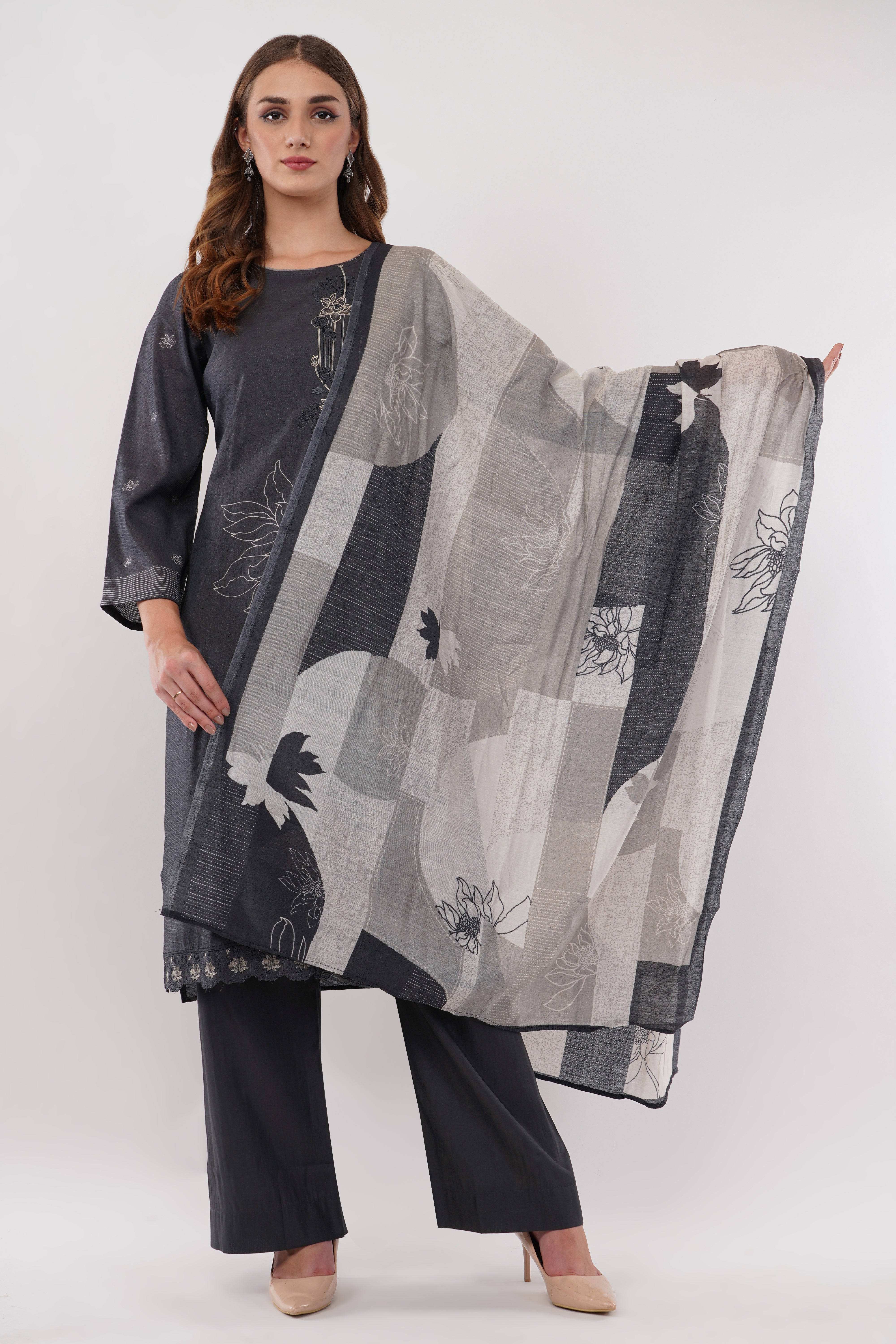 Dark Grey Cotton Fabric Suit Set With Embroidered Yoke - Set Of 3