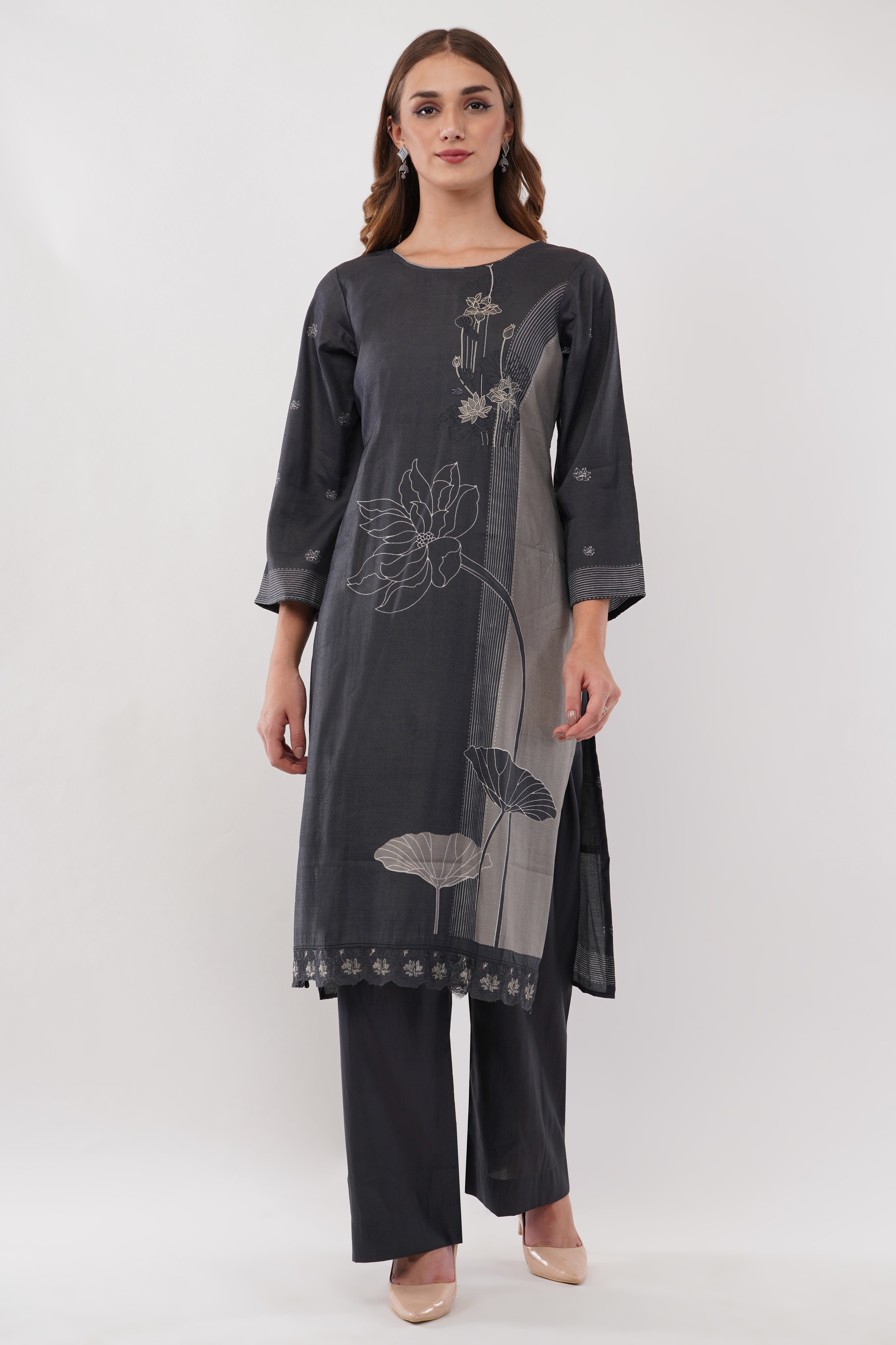 Dark Grey Cotton Fabric Suit Set With Embroidered Yoke - Set Of 3