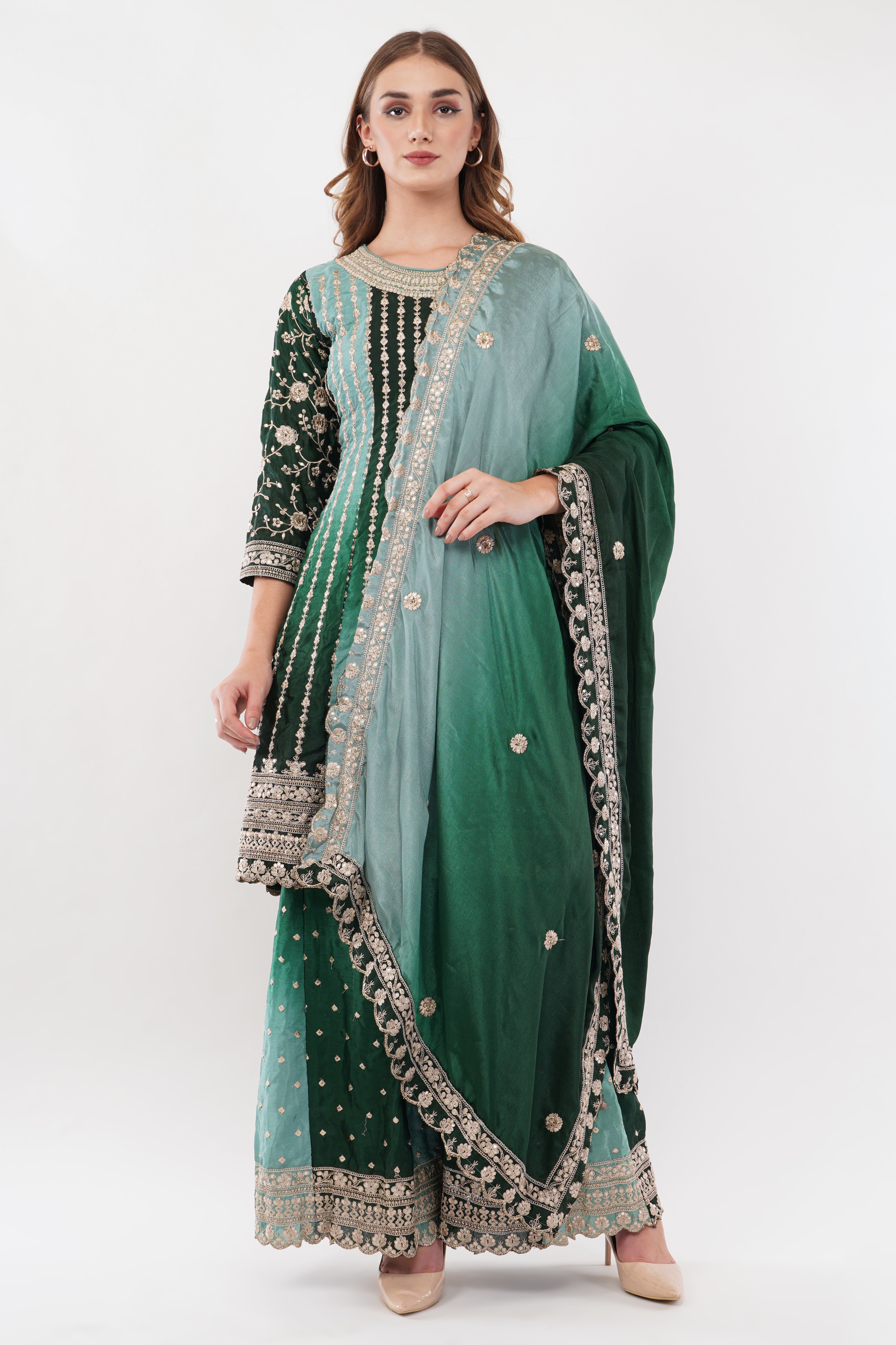 Green Chinon Fabric Embroidered Suit With Flared Pants & Dupatta - Set Of 3