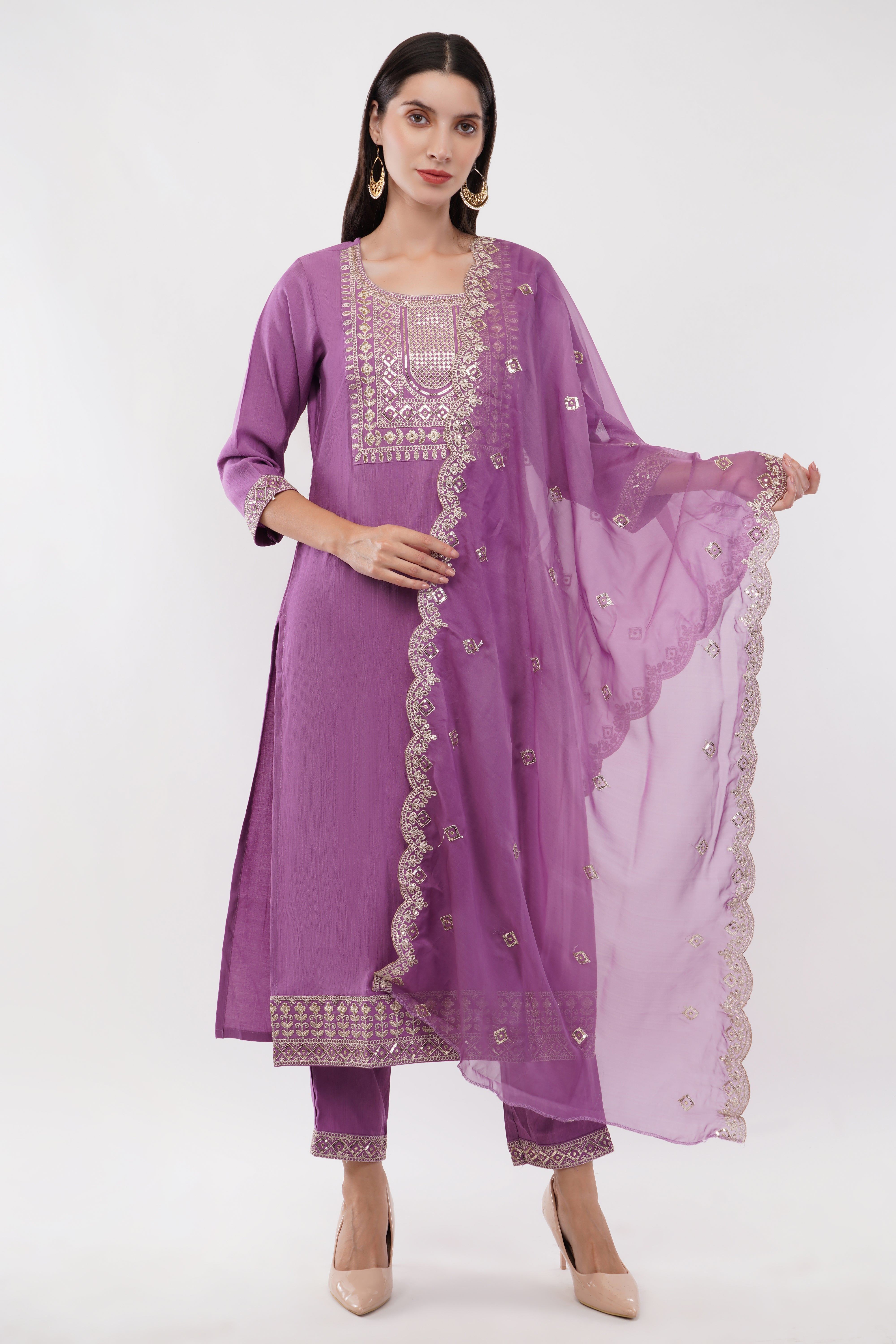 Lavender Silk Straight Suit With Dupatta - Set Of 3