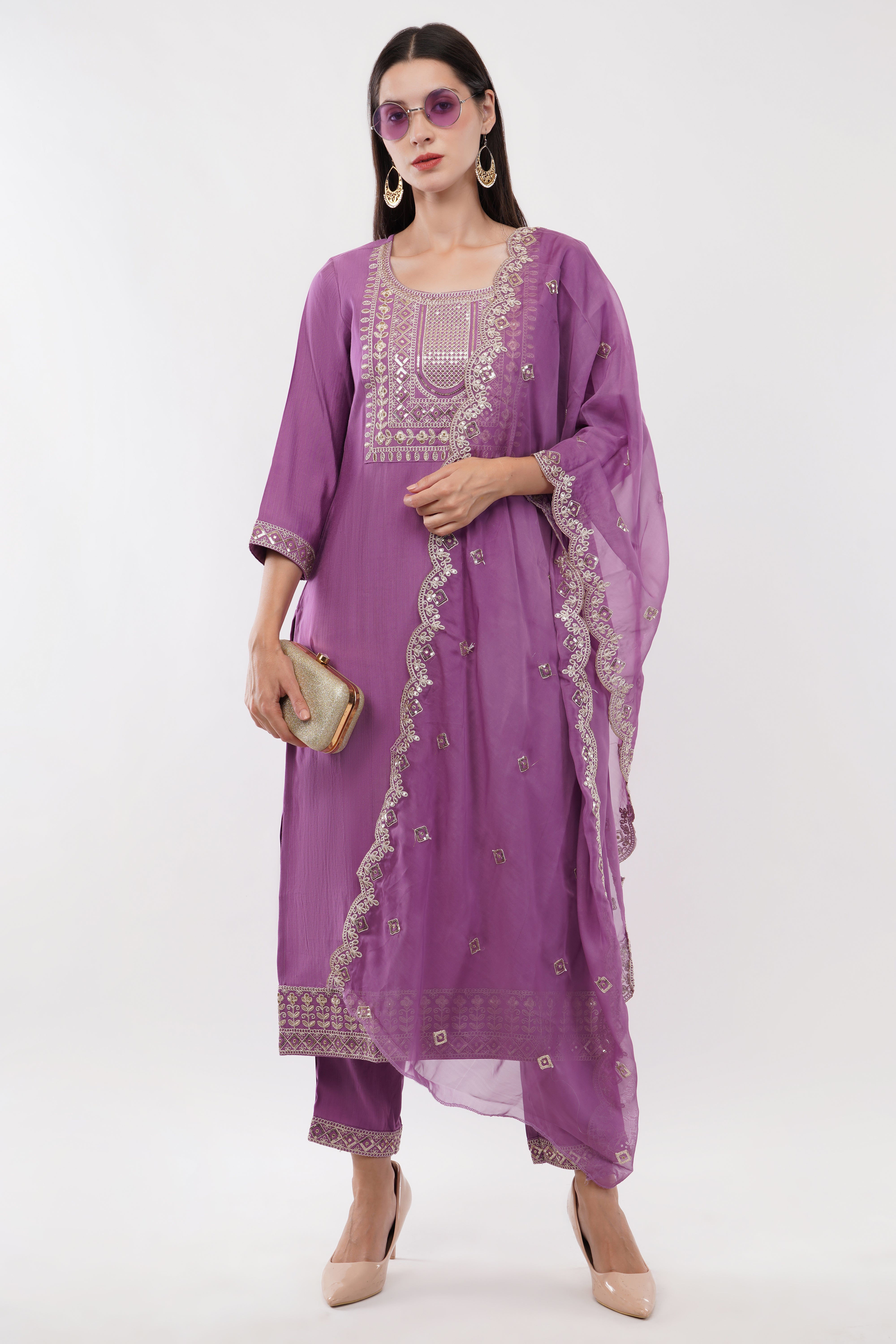 Lavender Silk Straight Suit With Dupatta - Set Of 3