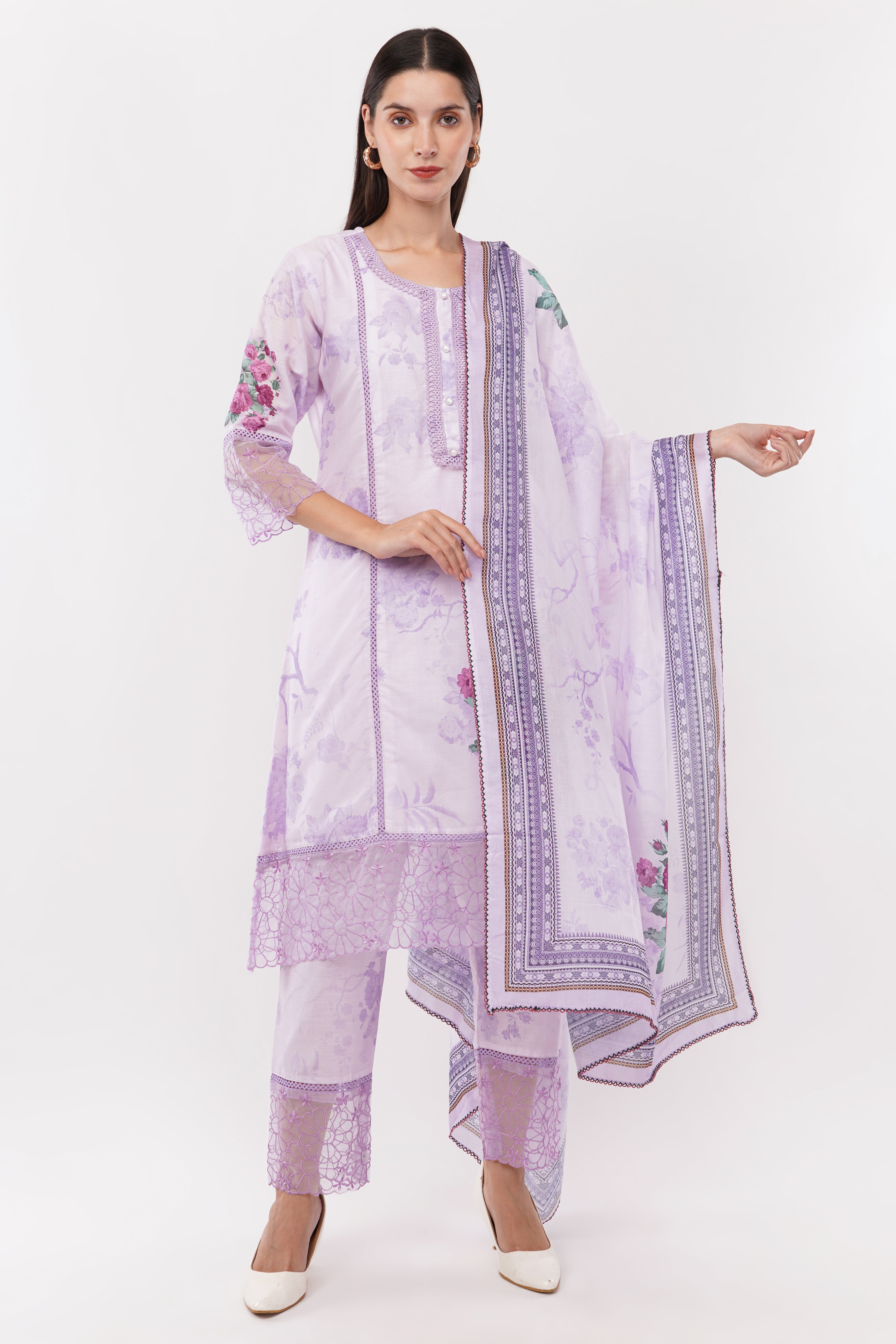 Lavender Short Printed Suit Set & Dupatta, With Sheer Details - Set Of 3