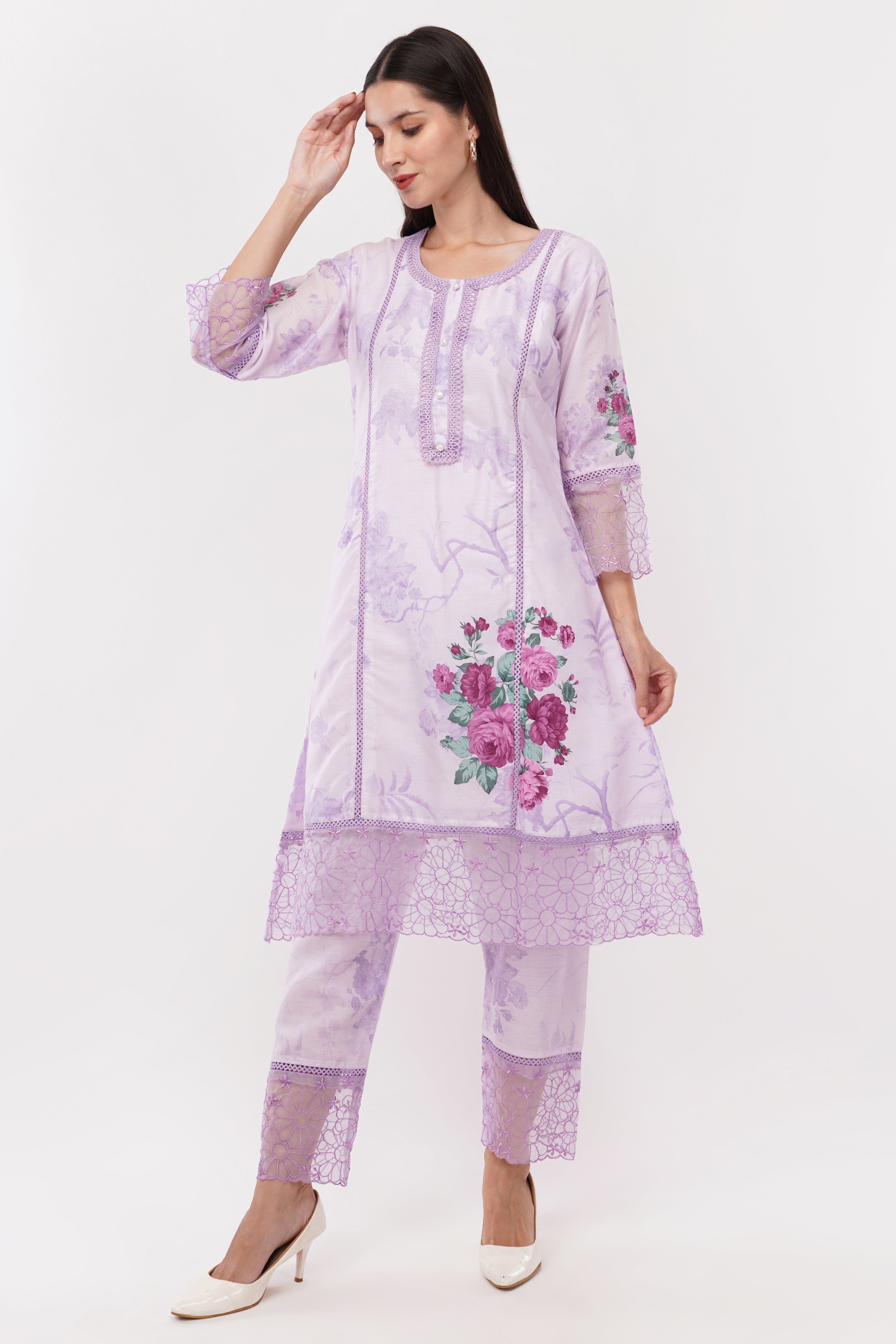 Lavender Short Printed Suit Set & Dupatta, With Sheer Details - Set Of 3