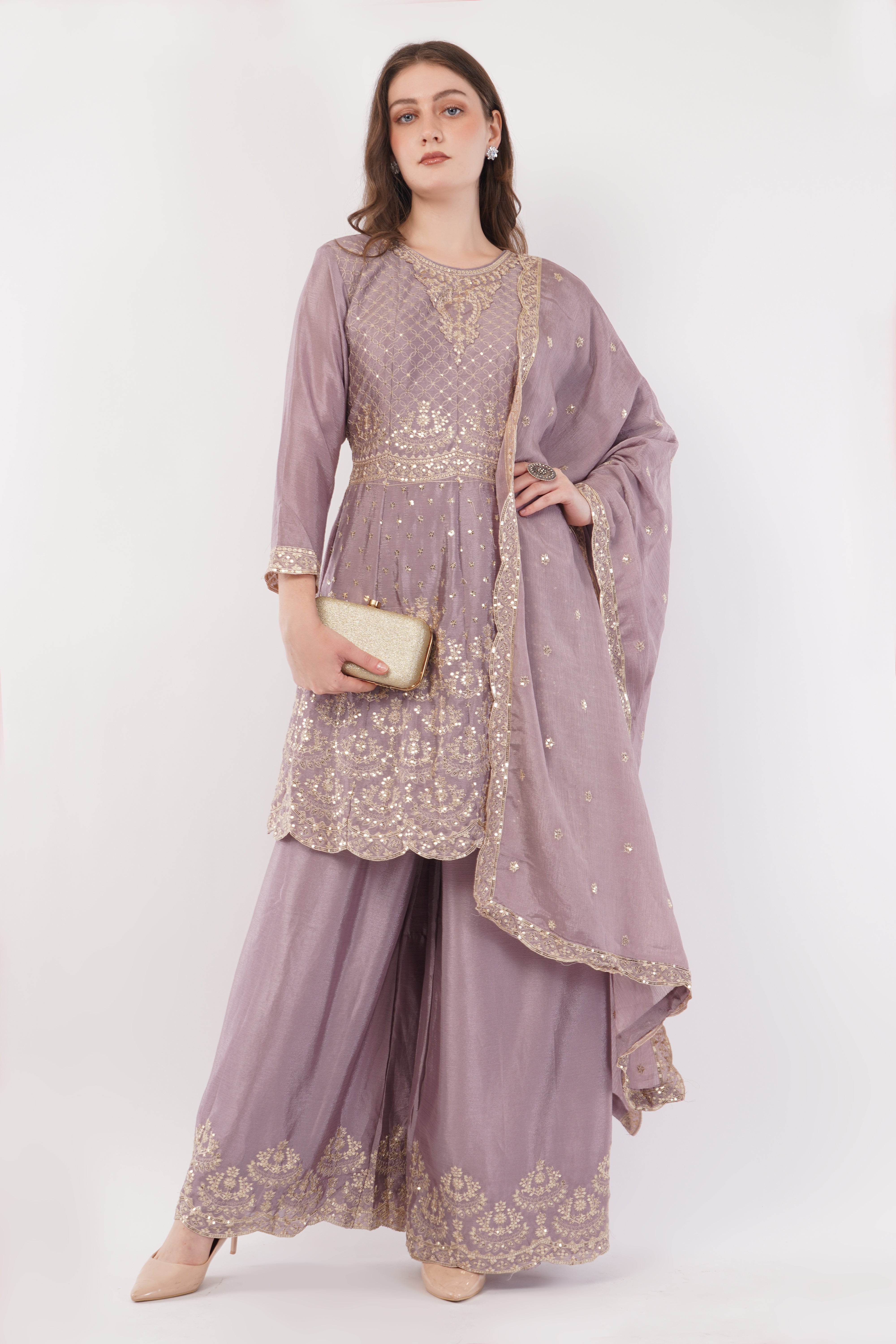 Lavender Embroidered Suit With Flared Pants & Dupatta - Set Of 3