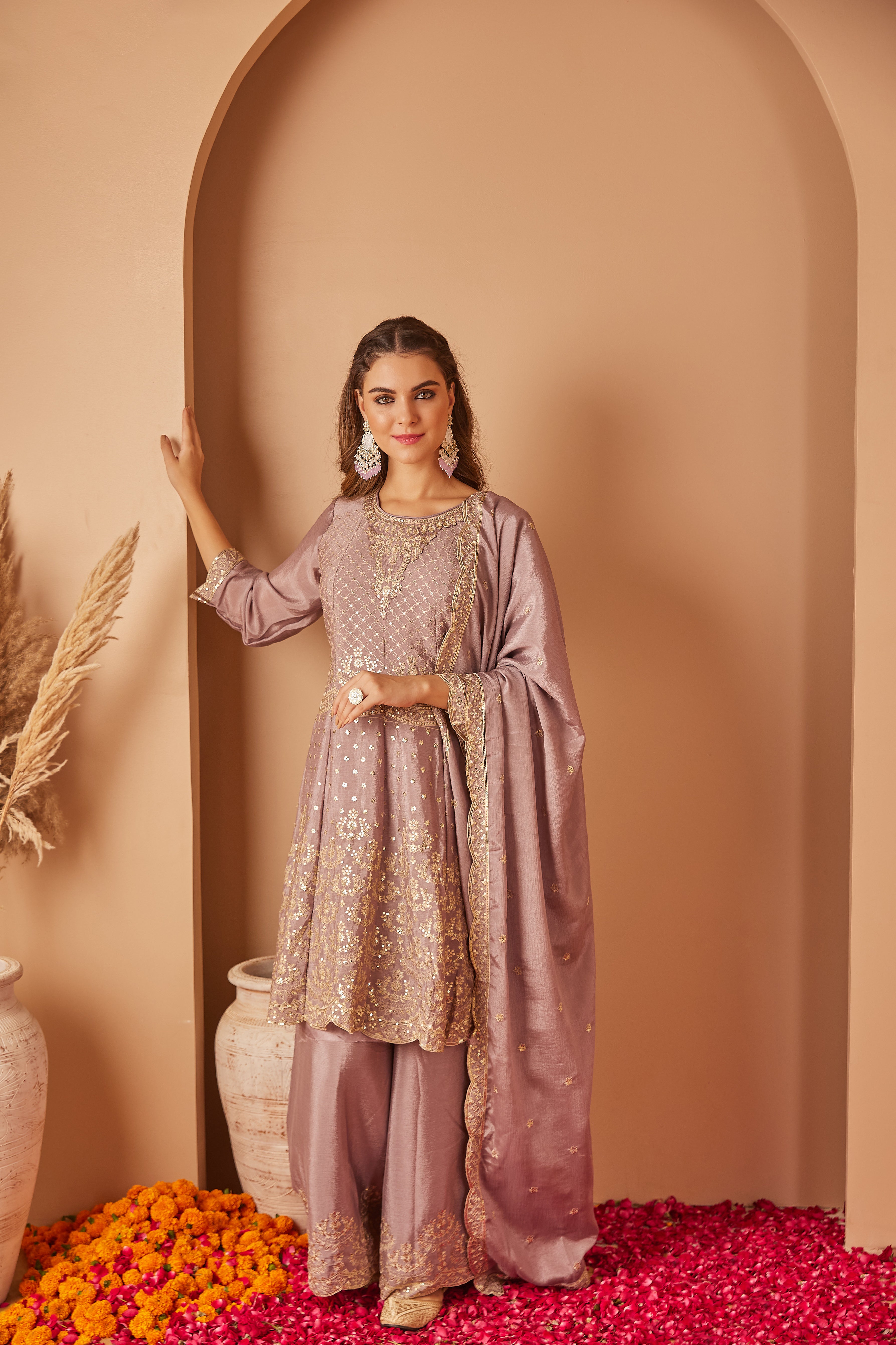 Lavender Embroidered Suit With Flared Pants & Dupatta - Set Of 3